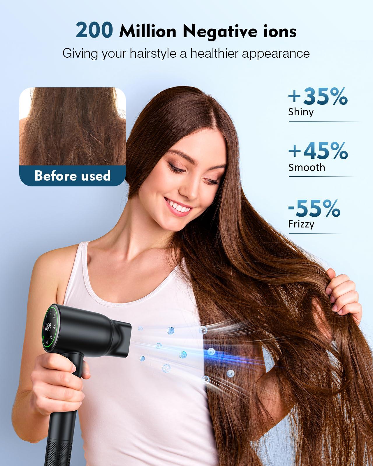 Hair Dryer,160000 RPM High Speed Blow Dryer with 200 Million Negative Ionic, Low Noise Thermo-Control Professional Hair Dryer with Diffuser and Nozzle,Portable Hair Blow Dryer for Home Travel - Image 4