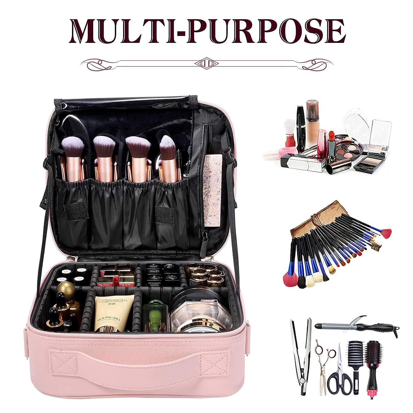 gzcz Makeup Bag Organizer 10.2'' Travel Makeup Train Case Cosmetic Brush Organizer Portable Artist Storage bag with Adjustable Dividers and shoulder strap for Make up Accessories (Cute Pink) - Image 5