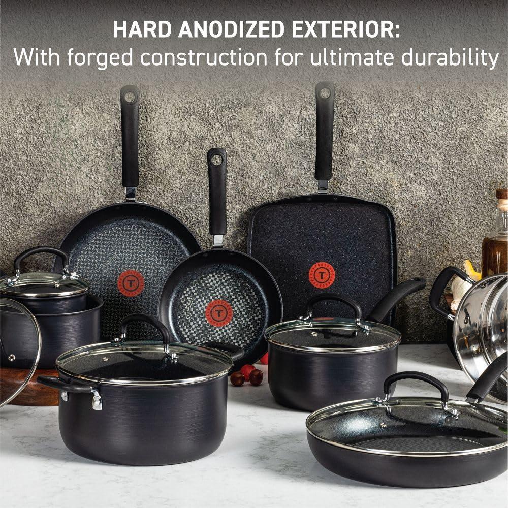 T-fal Ultimate Hard Anodized Nonstick Cookware Set 14 Piece, Oven Broiler Safe 400F, Lid Safe 350F, Kitchen Cooking Set w/Fry Pans, Saucepans, Griddle, Dutch Oven, Pots & Pans, Dishwasher Safe, Black - Image 3