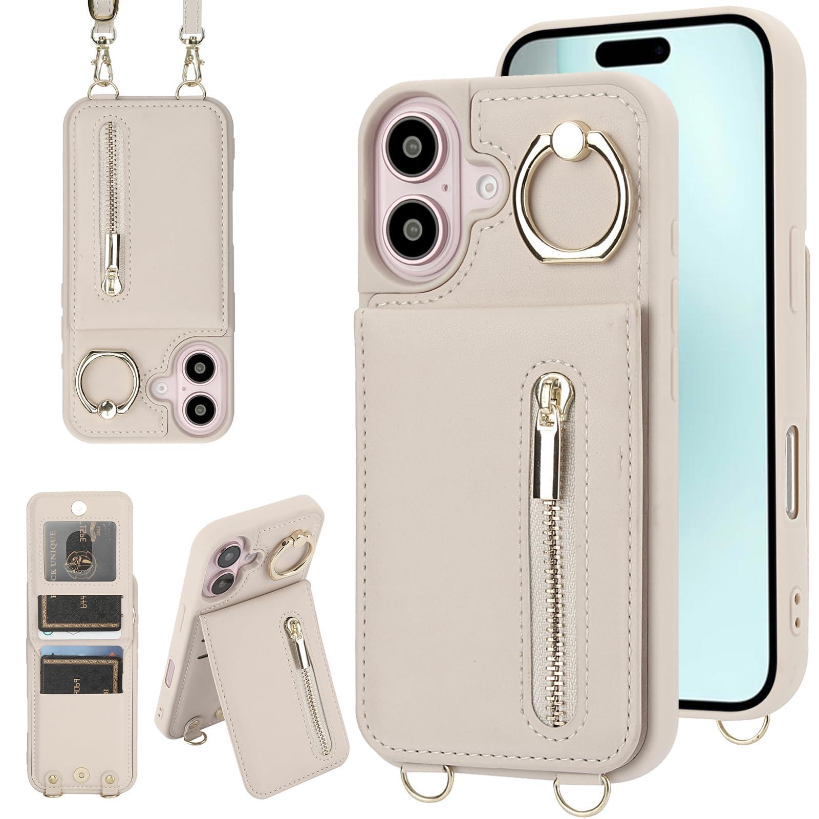 Jcxtrombulous Crossbody Wallet Case for iPhone 16 with Lanyard Strap Card Slot Holder RFID Blocking 360° Ring Kickstand,Magnetic Flip Folio Zipper Purse Case, PU Leather Cover Handbag,Beige