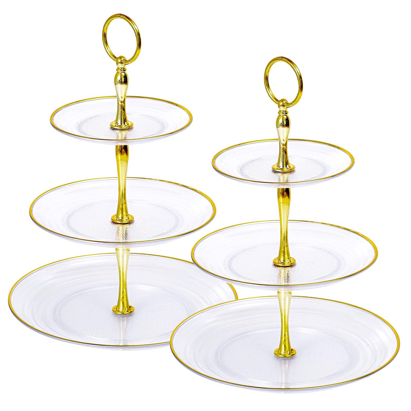 Soleebee 3-Tier Cupcake Stand, Round Plastic Tiered Serving Tray, Cup Cake Tower for Birthday Wedding Party Decoration, Cupcake Tier Stand Fruits Desserts Display 2 Pack (Clear Gold)