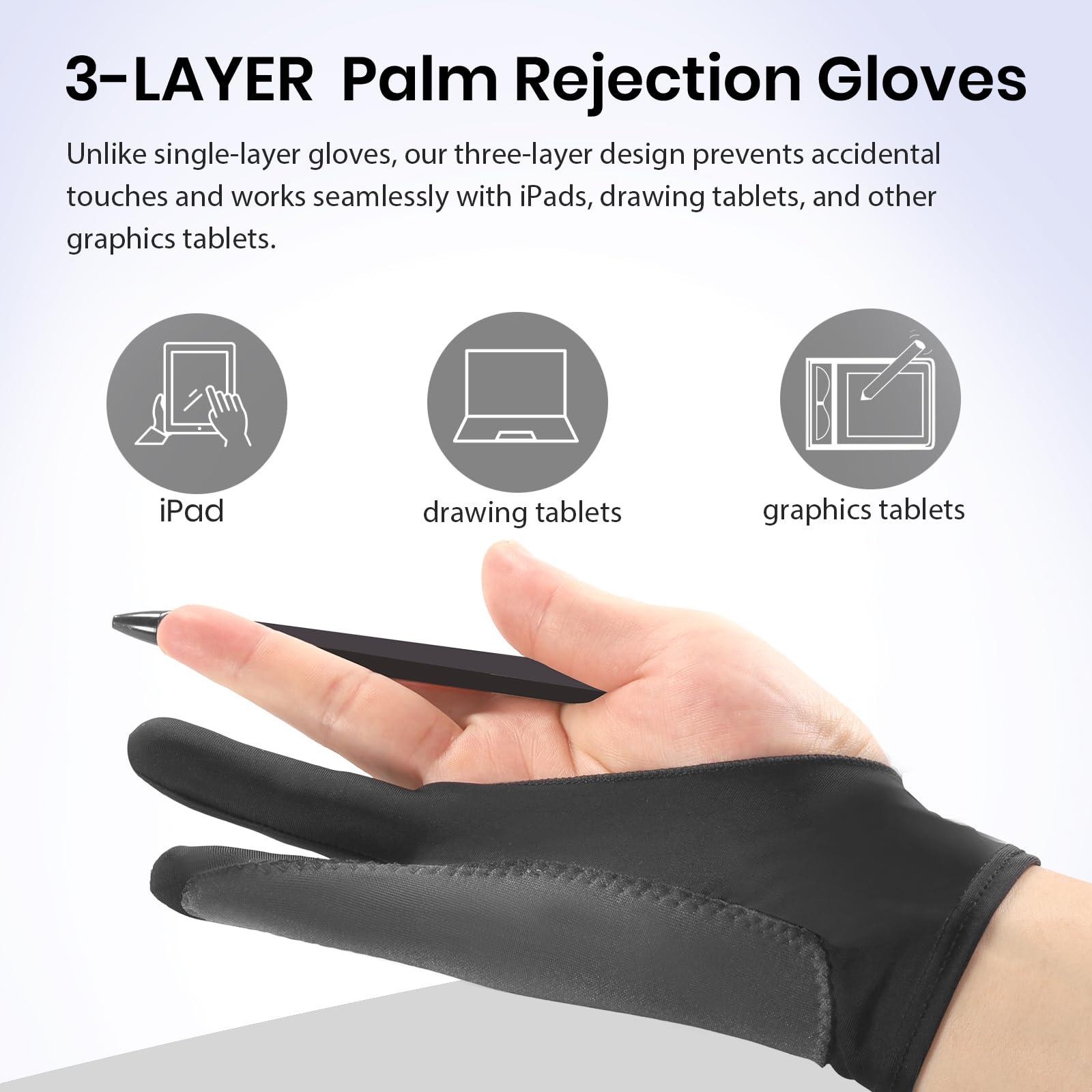 Digital Drawing Glove: 3-Layer Palm Rejection, Two-Finger Artist Glove for Drawing Tablet, iPad, Paper Sketching, Fits Left and Right Hand, Includes Cleaning Cloth(2 Pack,Black,Small) - Image 2