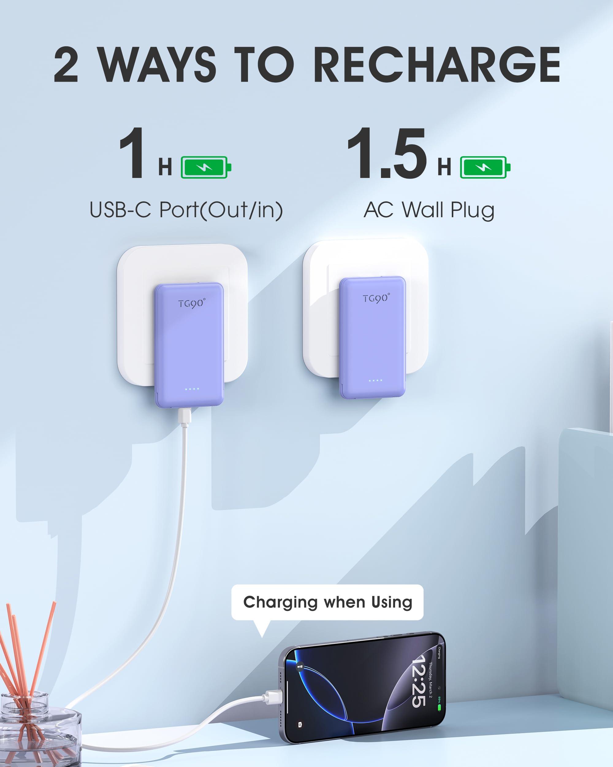 TG90° Portable Phone Charger Ultra Mini Power Bank with Built-in Foldable AC Wall Plug and Cables,5000mAh External Battery Pack Compatible with iPhone and Android Smart Devices - Image 2