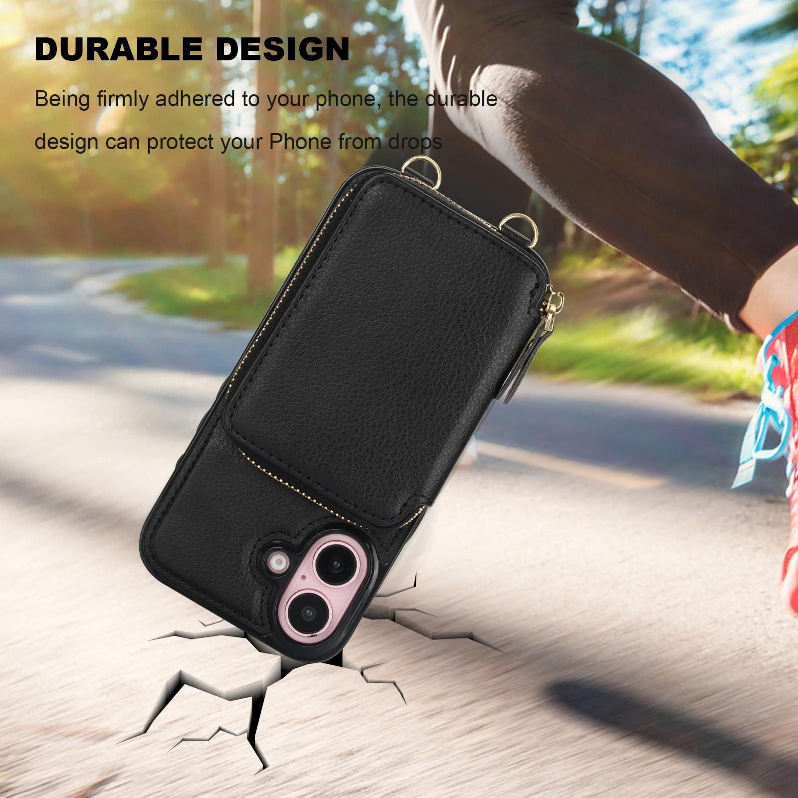 Bocasal RFID Blocking Wallet Case for iPhone 16, Adjustable Crossbody Zipper Purse Case Card Holder with Kickstand Detachable Wrist Strap, PU Leather Flip Folio Case 6.1 Inch 5G (Black) - Image 9