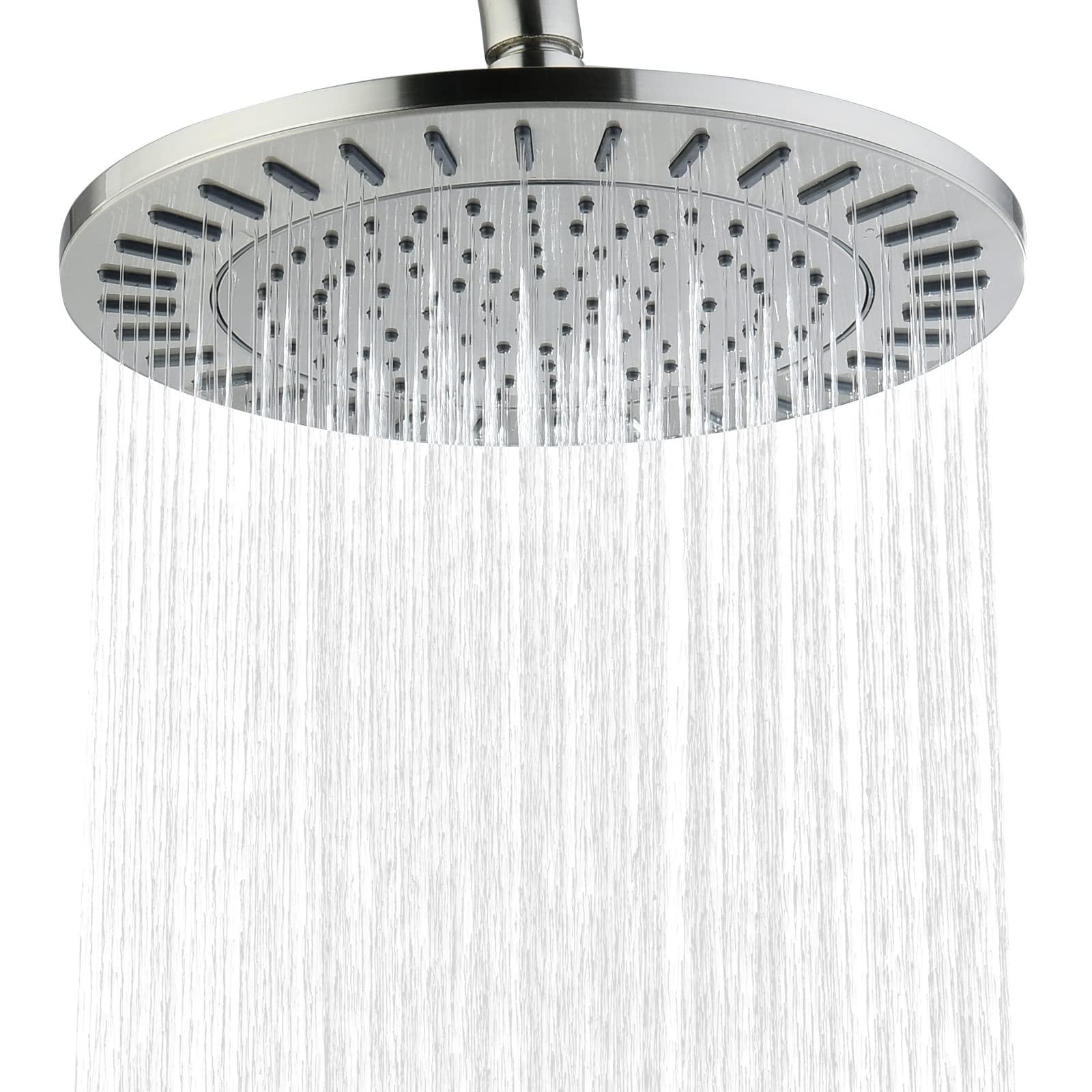 BRIGHT SHOWERS Rain Shower Head, 9 Inch High Pressure Waterfall Showerhead with Adjustable Angle and Anti-clogging Silicone Nozzles, Luxury Bathroom Overhead Shower, Brushed Nickel