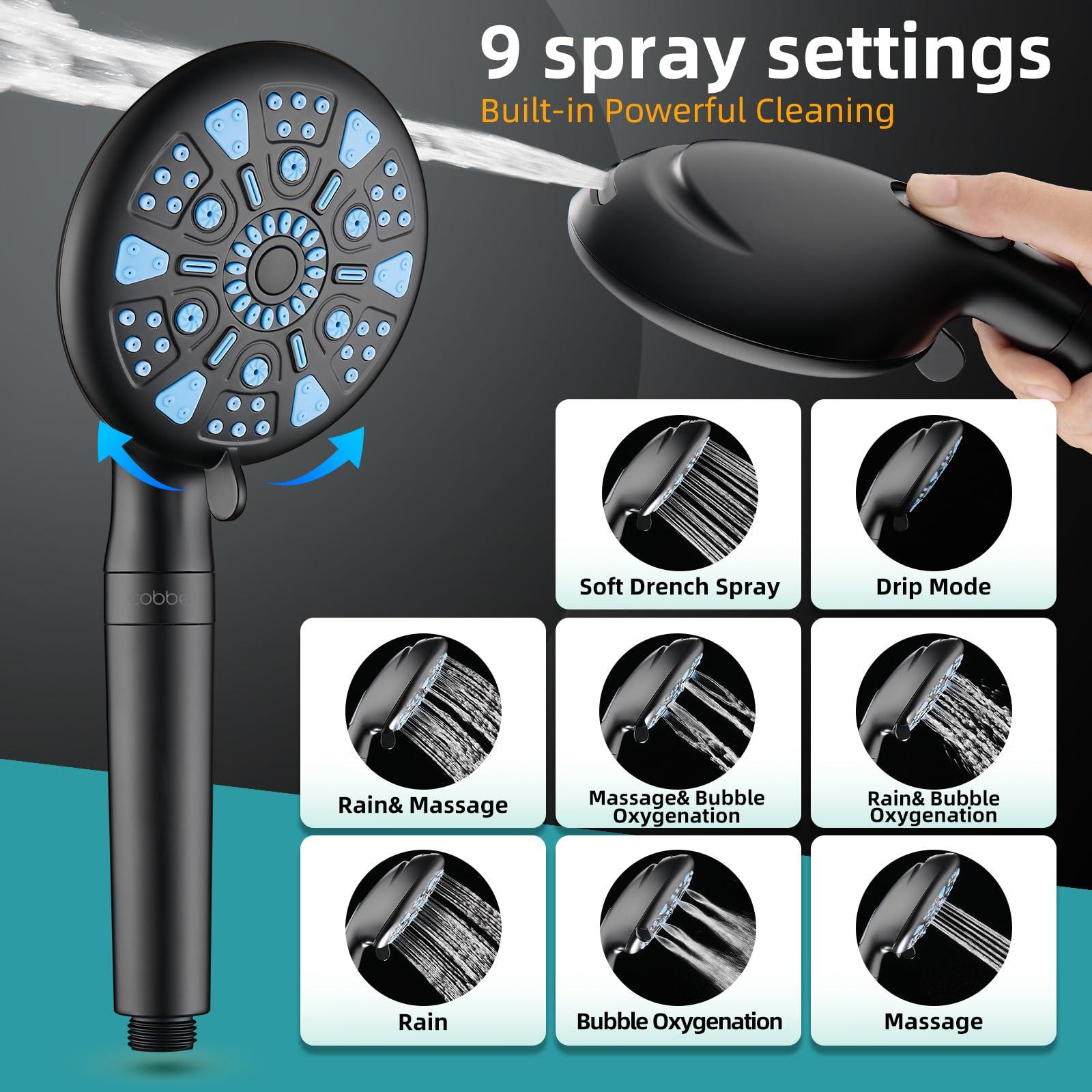Cobbe 12 Inch All Metal 3-Way Rain Shower Head, High Pressure Shower Head, Dual Shower Heads with Handheld Spray Combo - Upgrade Extension Arm Height Adjustable - 9 Spray Filtered Shower Head, Black - Image 2