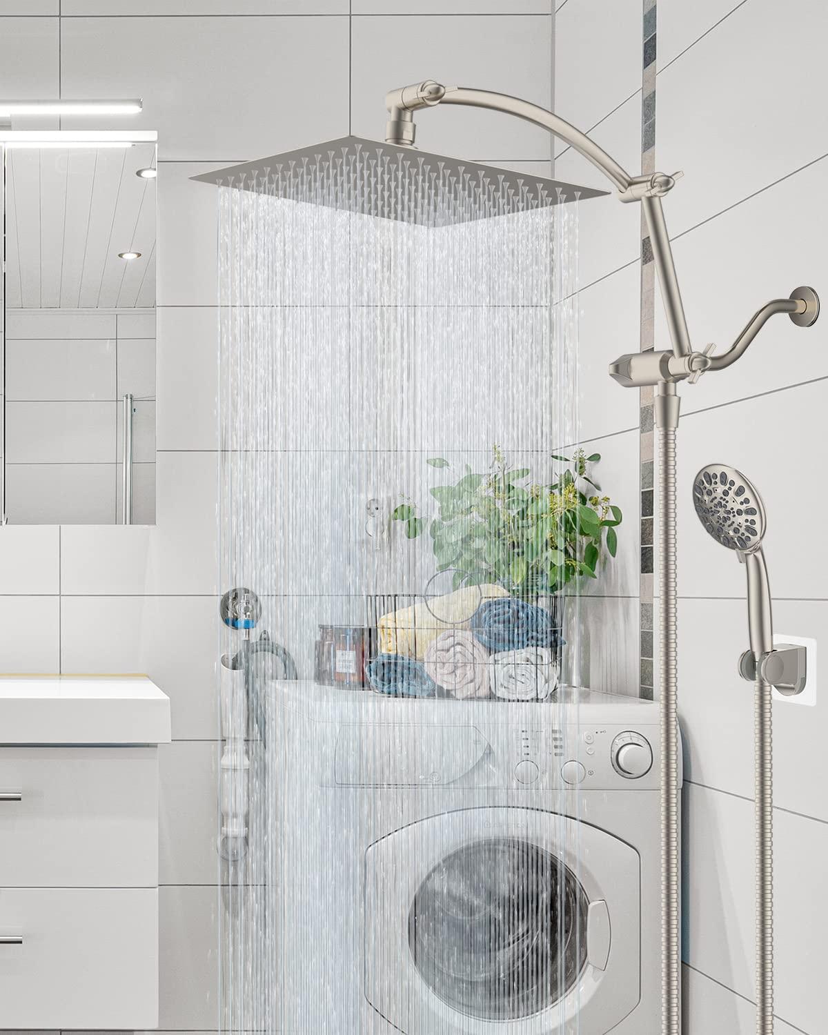 Hibbent All Metal Shower Head,10'' High Pressure Rain Shower Head/Handheld Showerhead Combo with 16'' Adjustable Shower Extension Arm, 7-Spray, 71'' Hose Adhesive Showerhead Holder, Brushed Nickel - Image 8