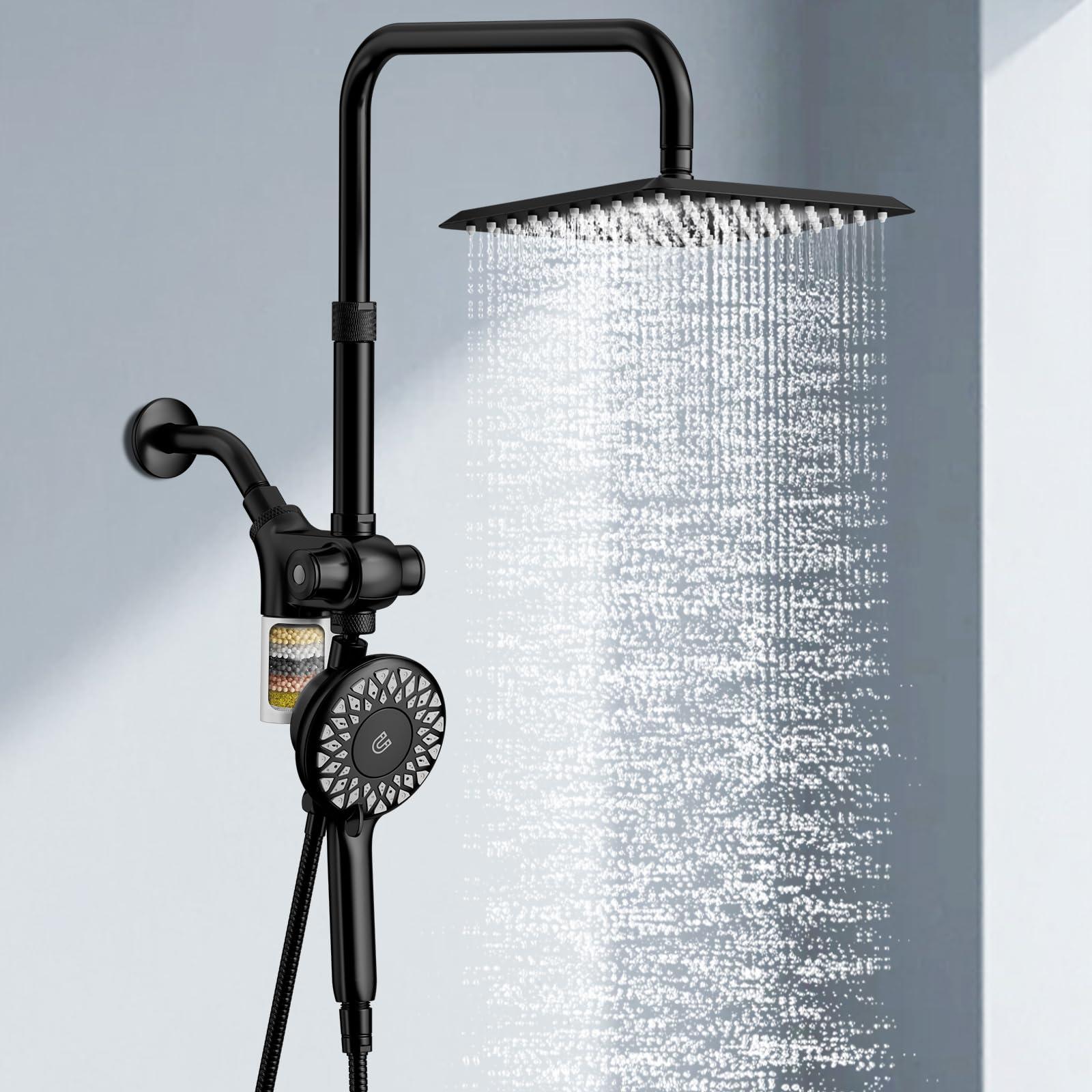 KAIYING Dual Shower Heads with Handheld Spray Combo, Magnetic Filtered Showerhead, Bathroom High Pressure Rainfall Shower Head and Handle Set with Filter for Hard Water, 79" Long Hose (Matte Black)