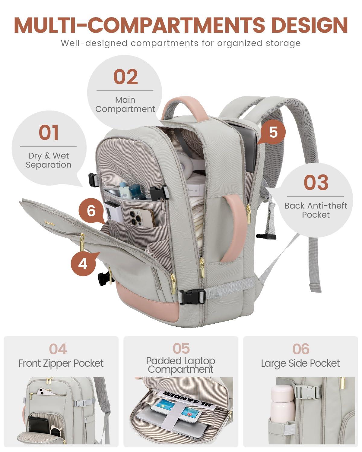 LOVEVOOK Travel Backpack For Women, 40L Carry On Backpack Flight Approved, TSA Personal Item Travel Bag Fits 17 Inch Laptop, Business Weekender Overnight Waterproof Daypack With 2 Cubes, Grey-Pink - Image 5