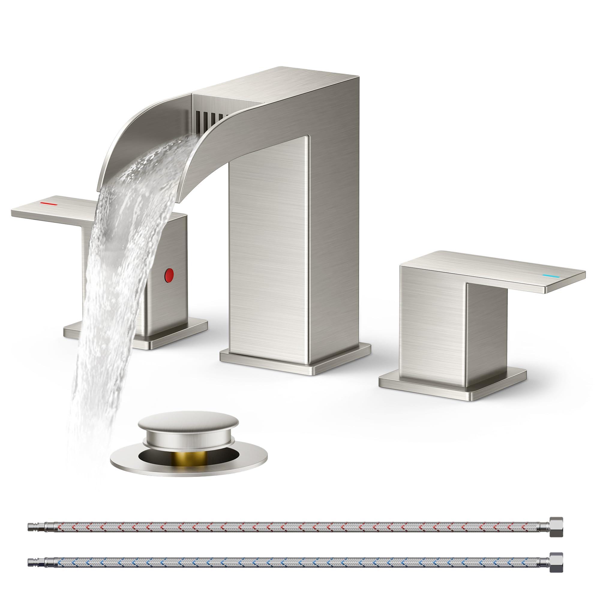 FORIOUS Square Brushed Nickel Bathroom Faucets 3 Hole, Waterfall 8 Inch Widespread Bathroom Sink Faucet with Metal Pop-up Drain and Supply Lines, Two Handles for Vanity, Lavatory, Restroom