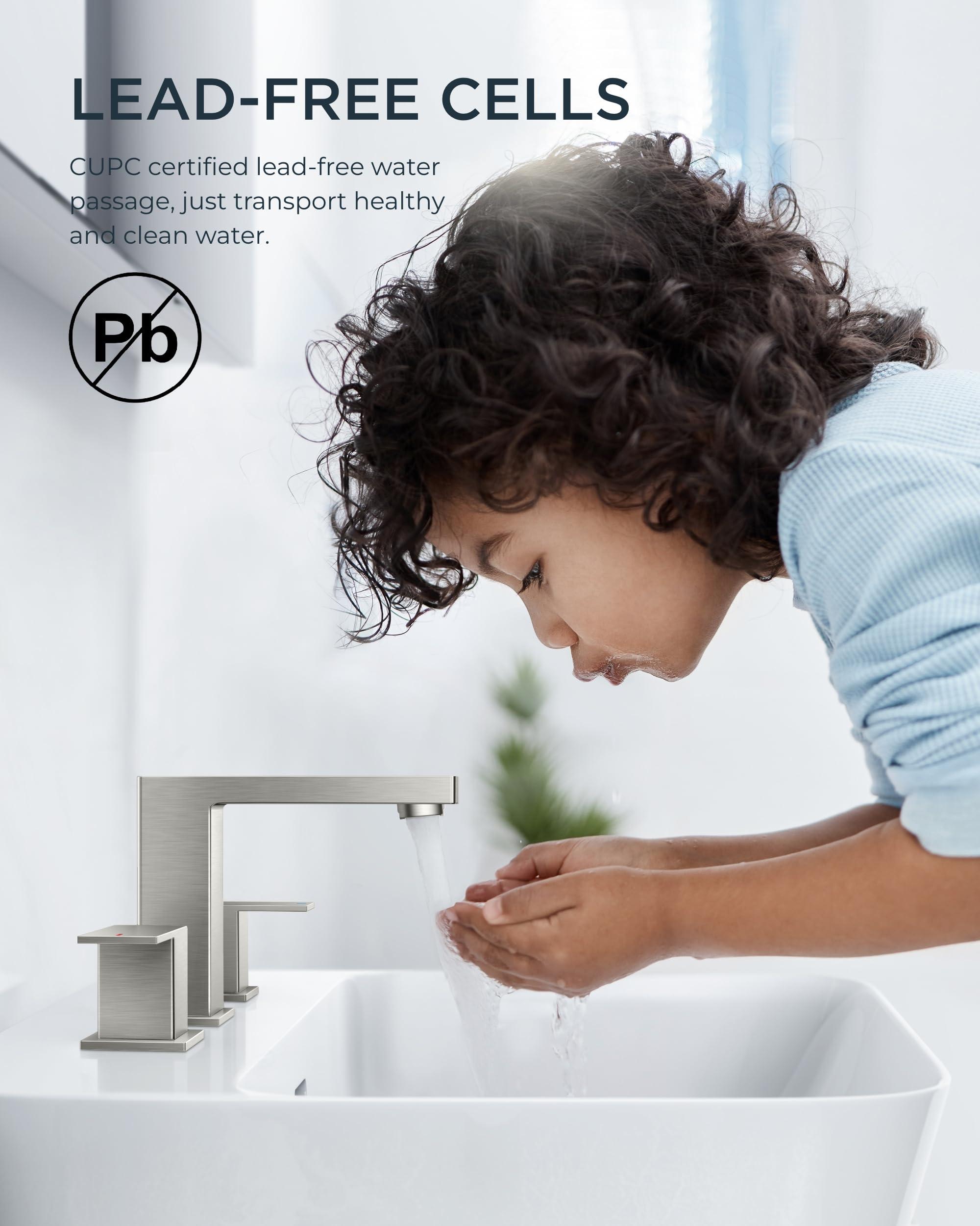 FORIOUS Brushed Nickel Bathroom Faucet for Sink 3 Hole 2 Handle, Stainless Steel Square 8" Widespread Bathroom Vanity Faucets Brushed Nickel 3 Hole with Metal Pop Up Drain, CUPC Water Hoses - Image 4