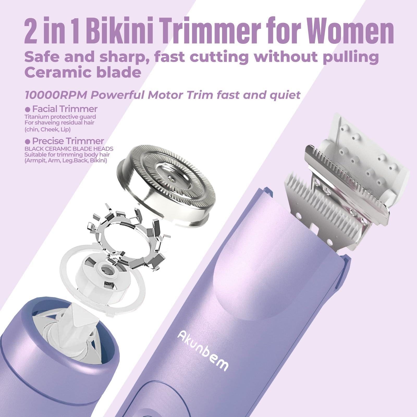 Akunbem 2 in 1 Women Electric Shaver Dual Head Bikini Trimmer for Women IPX7 Waterproof Wet & Dry Use Body Hair Trimmer and Facial Hair Remover for Bikini Underarm Leg Arm Body Face, Purple - Image 2