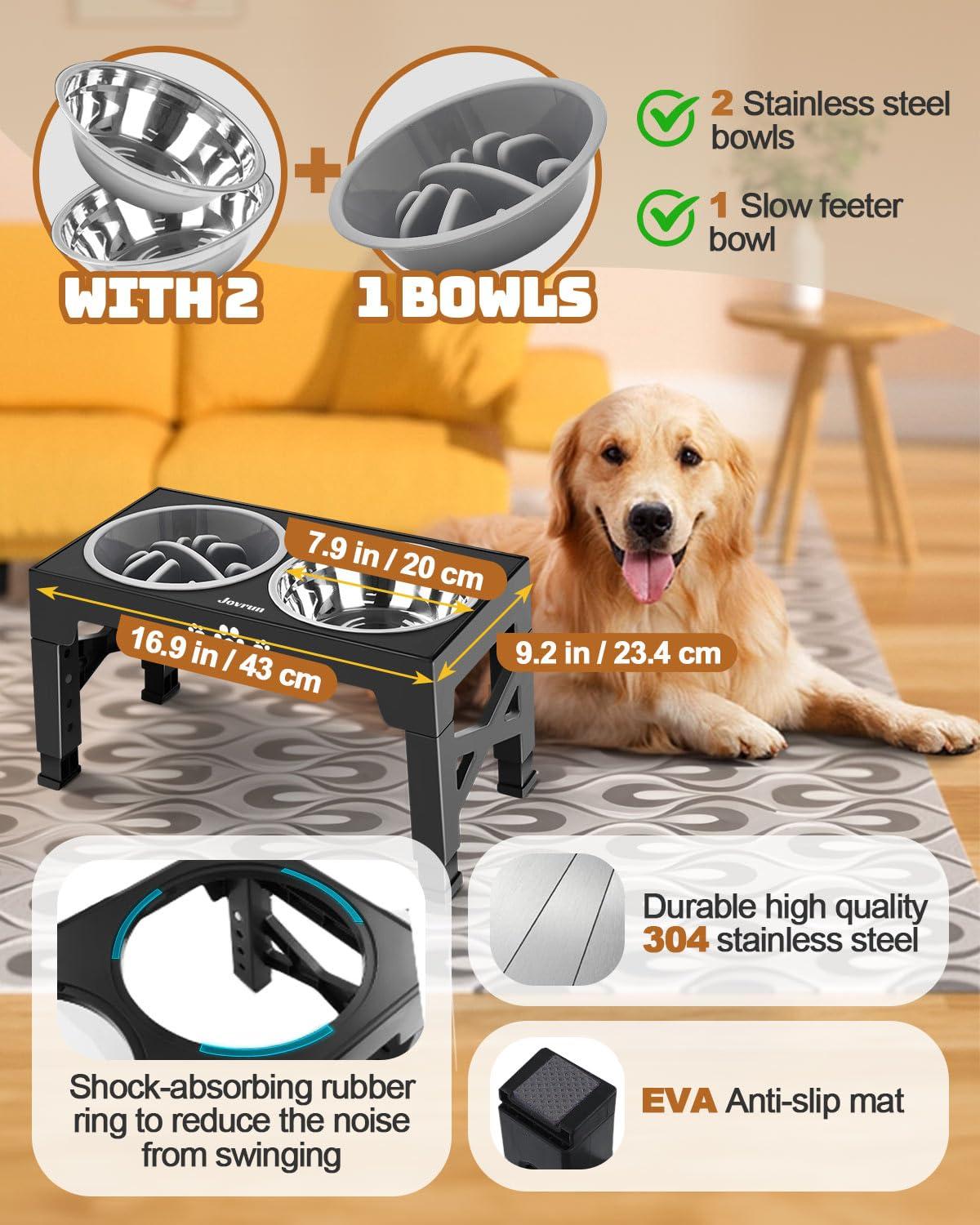 Jovrun Elevated Dog Bowls, Dog Feeder with 2 Stainless Steel Dishes &1 Slow Feeder Bowl, 5 Heights Adjustable Raised Stand for Medium Large, Food Dishes with Non-Slip Feet - Image 3