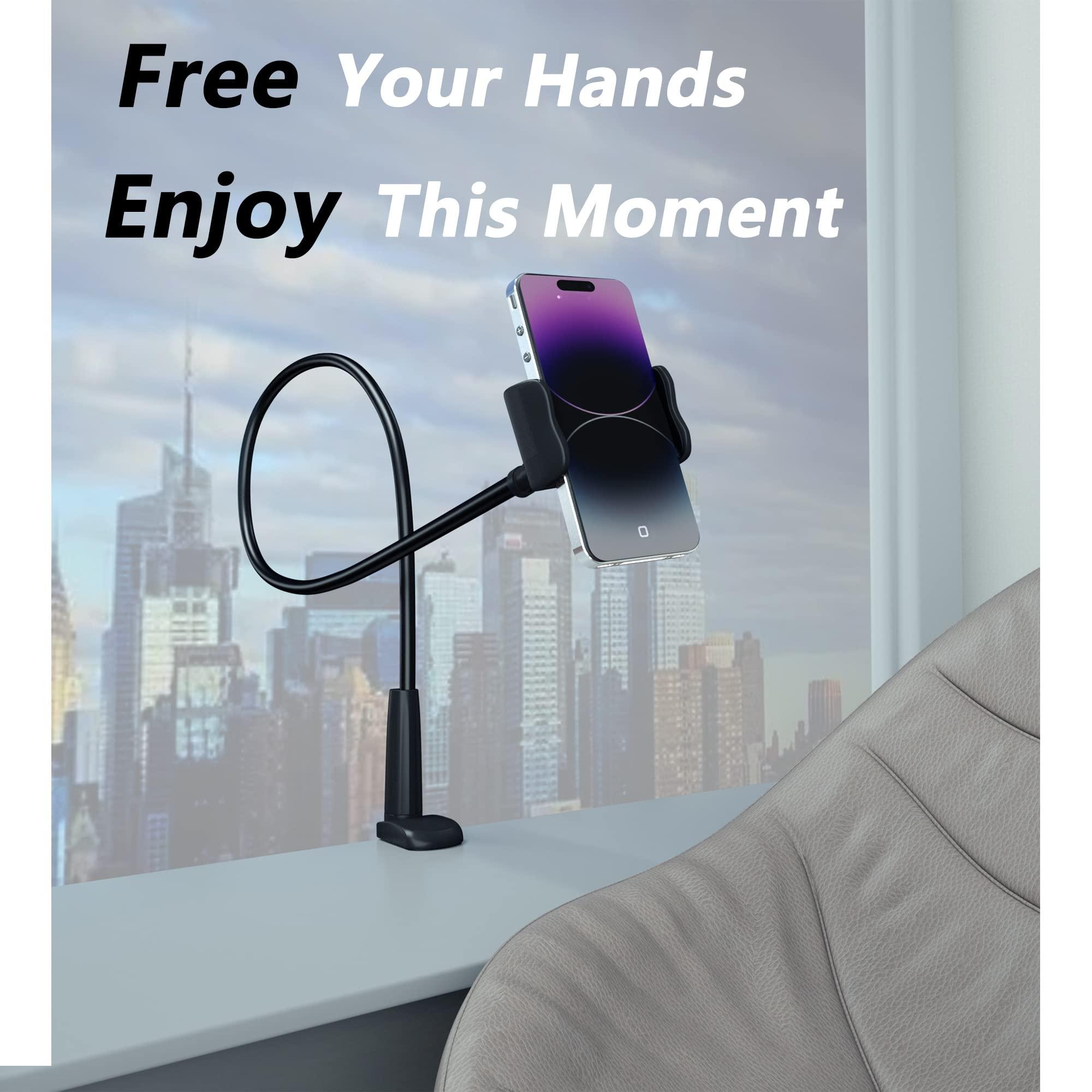Cell Phone Clip Bed Stand Holder, with Grip Flexible Long Arm Gooseneck Bracket Mount Clamp for Desk, Compatible with iPhone 14 Pro Max XR X 8 7 6 or Other 3.5-7" Devices (Black) - Image 3