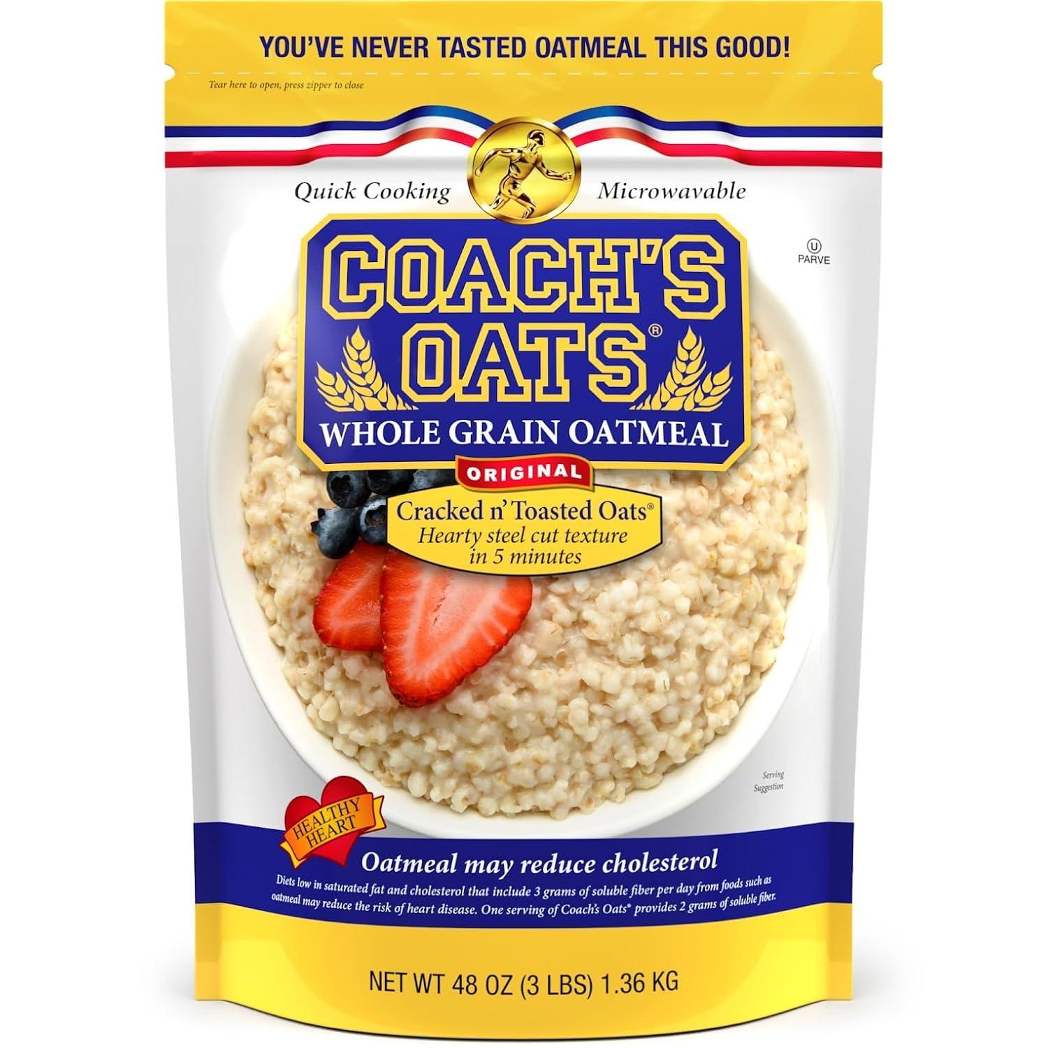 Coach's Oats Whole Grain Oatmeal 3 lbs (48 oz) | Quick-Cooking, Steel Cut Texture and Heart-Healthy | Enjoy the Perfect Start to Your Day