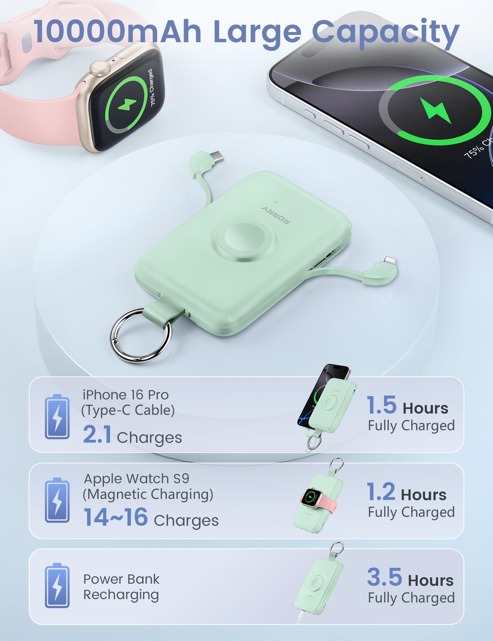 RORRY Portable Charger, 10000mAh PD 20W Fast Charging Portable Charger Power Bank with Built in Cables, Travel Battery Pack for iPhone 16/15/14/13/12/11 and Apple Watch Ultra/10/9/8/7/6/5/4/3, Green - Image 5