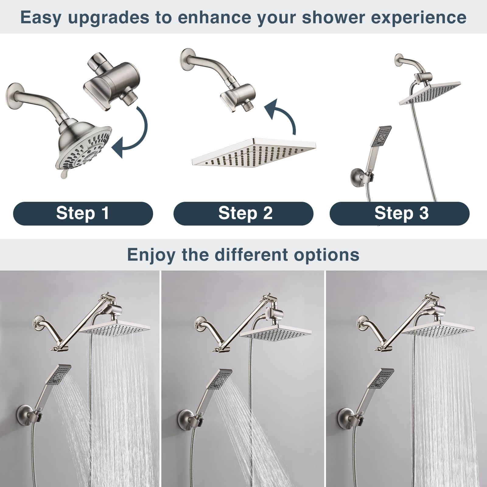 BRIGHT SHOWERS Rain Shower Head with Handheld Spray, 8 Inch Rainfall Shower Head Combo with 60" Hose, Adjustable Dual Square Showerhead Set with 3-Way Diverter, Wall Bracket, Brushed Nickel - Image 2