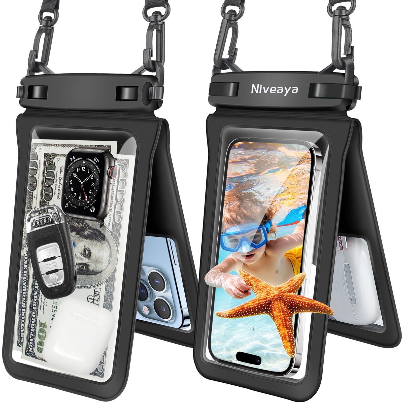 Niveaya Double Space Waterproof Phone Pouch - 2 Pack, Waterproof Phone Lanyard Case with iPhone 16/15/14/13/12 Pro Max up to 8.3", Phone Dry Bags for Vacation Beach Pool Kayak Cruise Travel Essentials