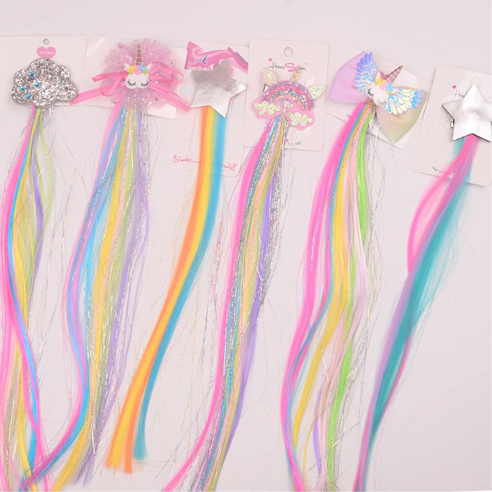 Little World Hair Clips for Girls, 6 Pcs Rainbow Hair Extensions, Unicorn Hair Clips for Girls Toddler Kids Ponytails, Hand-made Cute Glitter Hair Accessories - Image 8