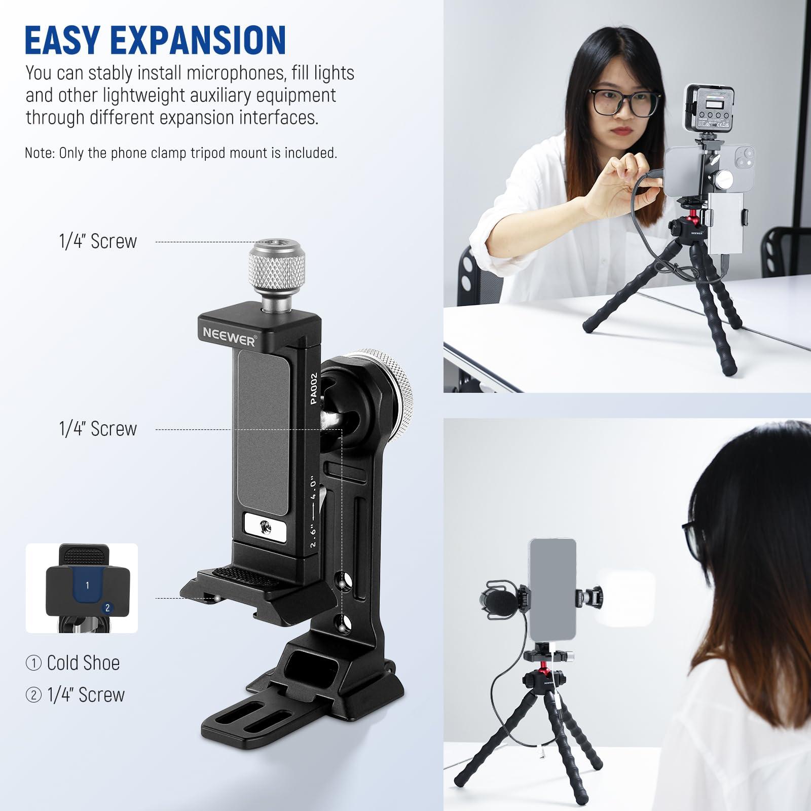 NEEWER Smartphone Tripod Mount Aluminum Alloy, 360° Rotatable Phone Stand Holder Clamp with Cold Shoe and Arca Base Compatible with iPhone 15 Pro Max Galaxy S24 Ultra Pixel & 2.6"-4" Wide Smartphones - Image 6