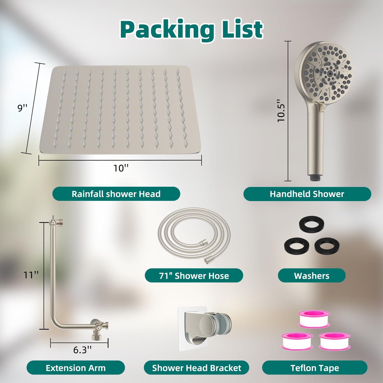 Hygie Rinse 10" All Metal Shower Head Combo, High Pressure 10-Spray Handheld Showerhead Rainfall Shower Head, 71" Long Hose, 3-Way Diverter Valve, Brushed Nickel - Image 2