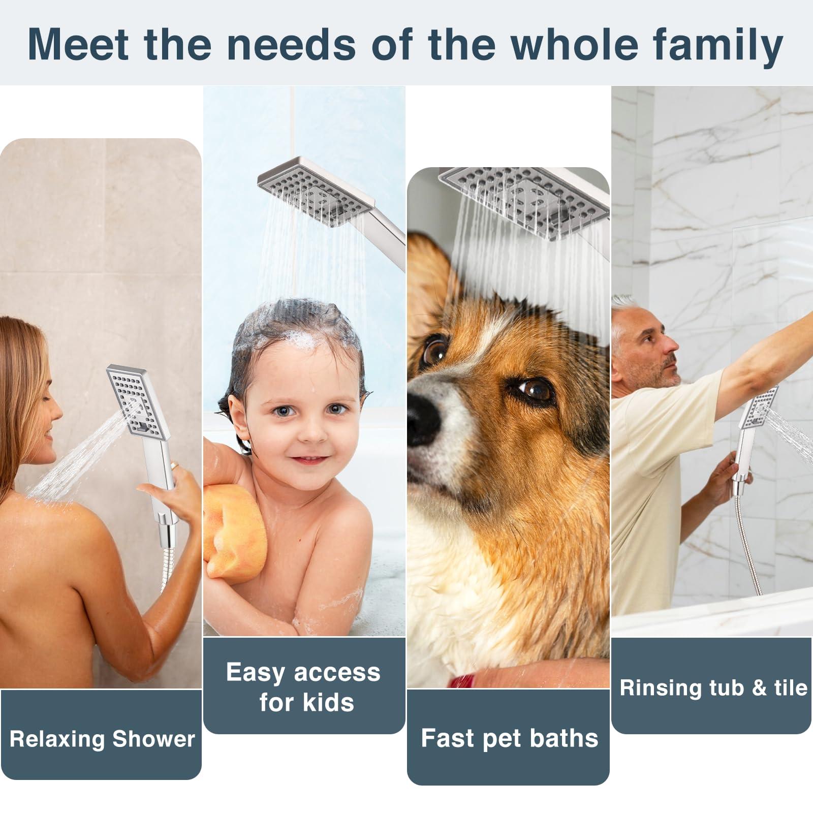 BRIGHT SHOWERS Rain Shower Head with Handheld Spray, 8 Inch Rainfall Shower Head Combo with 60" Hose, Adjustable Dual Square Showerhead Set with 3-Way Diverter, Wall Bracket, Brushed Nickel - Image 4