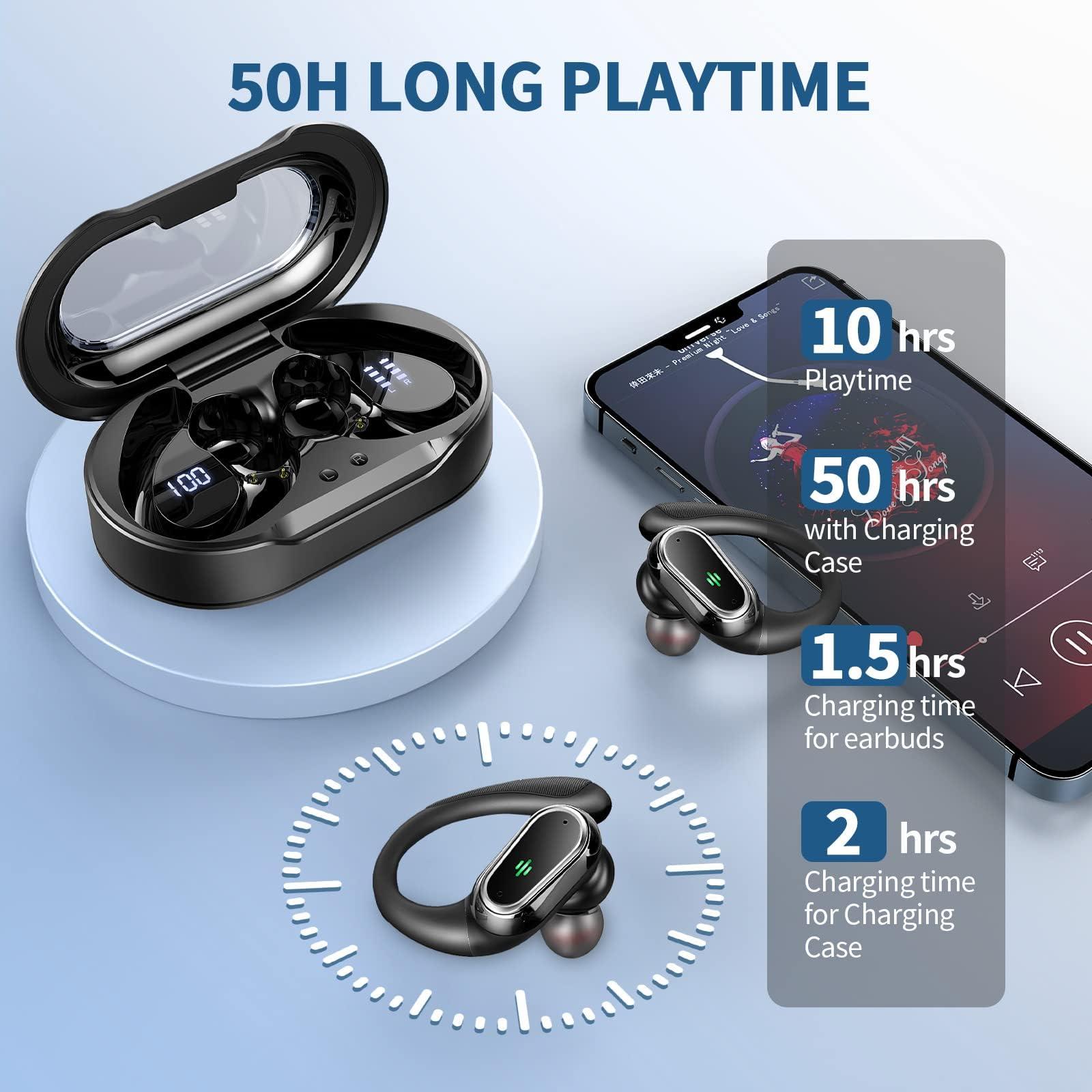 Wireless Earbuds, 2025 Bluetooth 5.4 Headphones Sport, Bluetooth Earbuds with ENC Noise Canceling Mic, 50H Stereo Wireless Headphones IP7 Waterproof with Earhooks, Dual LED Display for Workout/Running - Image 6