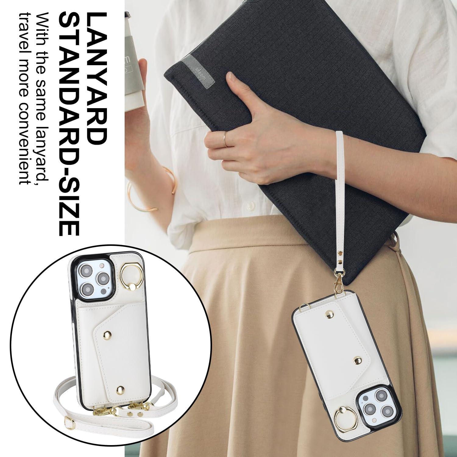 LUVI Compatible with iPhone 16 Pro Wallet Case with Card Holder Crossbody Neck Strap Lanyard Wrist Strap Purse for Women PU Leather Flip with Credit Card Kickstands Stand Cover White - Image 6