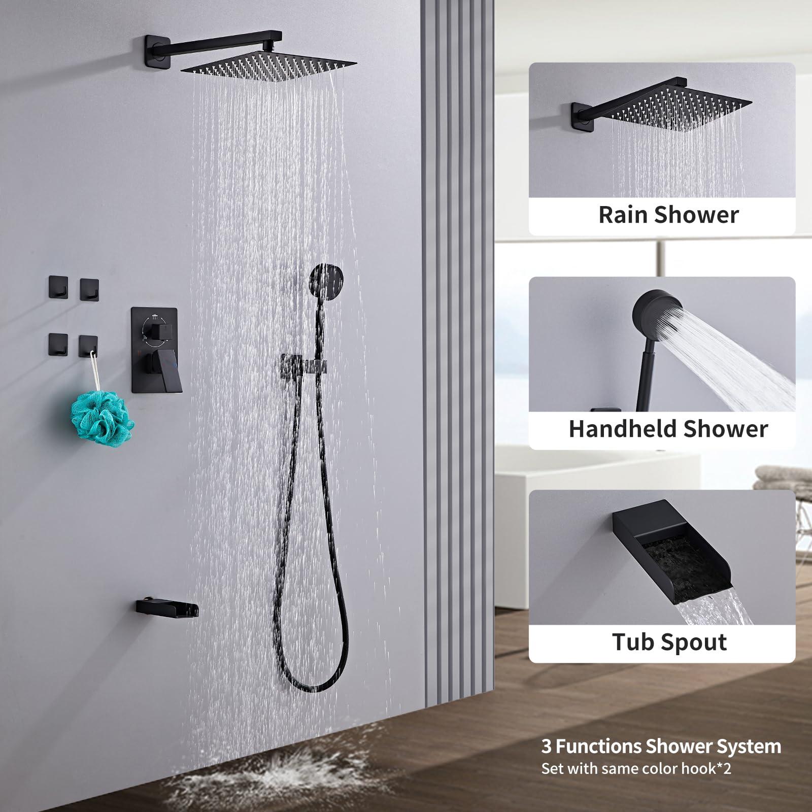 RTTWYYUU Matte Black Shower System With Tub Spout Faucet Set, Wall Mounted 10 Inch Shower Heads with Handheld Spray Combo and Tub Shower Faucet, Luxury Bathroom Square Rain Shower System - 4 Hooks - Image 4