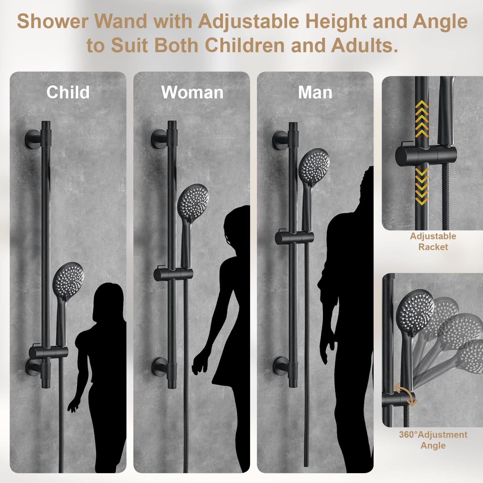 YSNOL Adjustable Shower Slide Bar with 5-Function Handheld Shower Head, Stainless Steel Grab Slide Bar Combo with Extra Hose (Matte Black) - Image 5