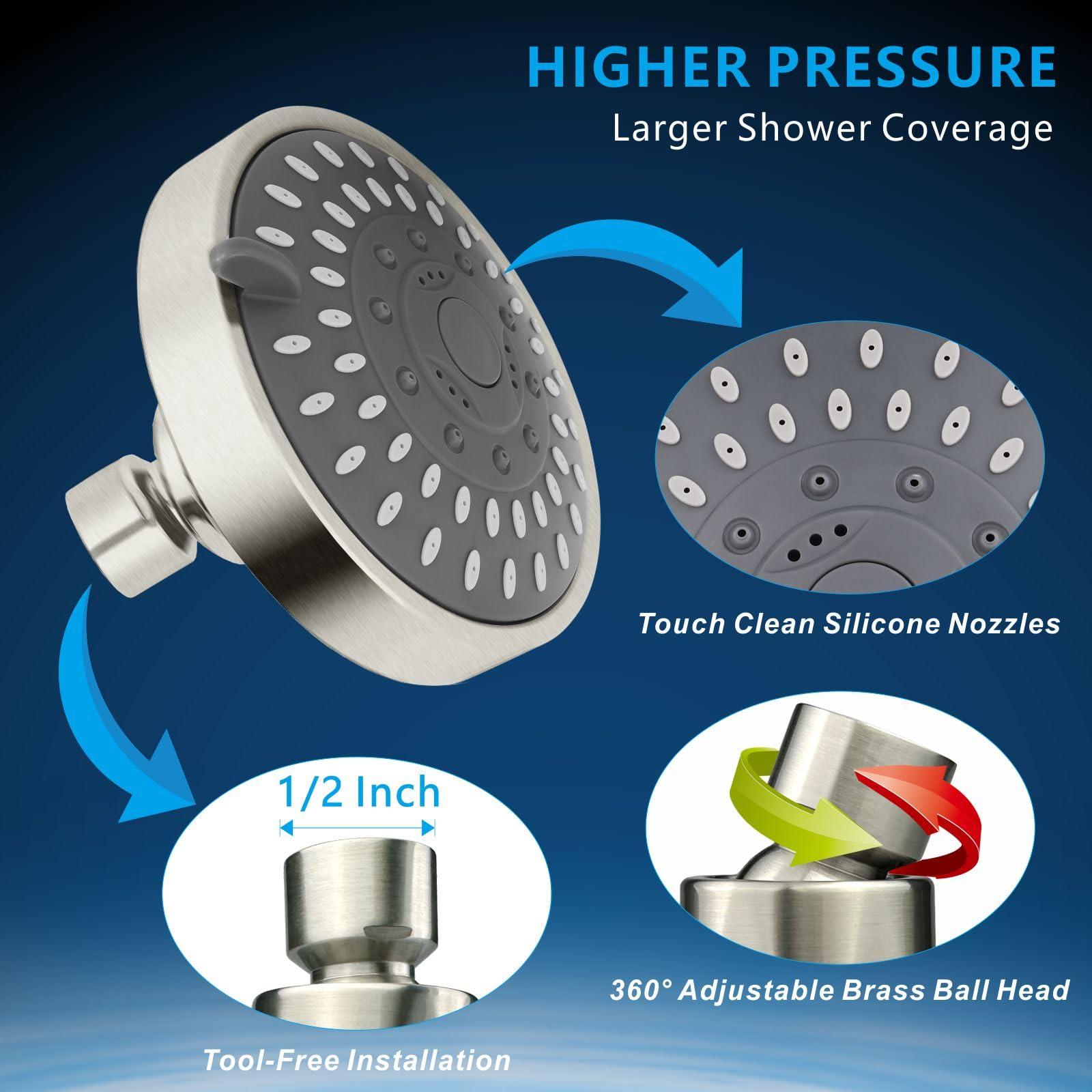 Voolan High Pressure Shower Head - 4 Inch Rain Showerhead - High Flow Bathroom Shower with 5 Spray Settings For a Luxury Showering Experience Even with Low Water Pressure (Brushed Nickel) - Image 4