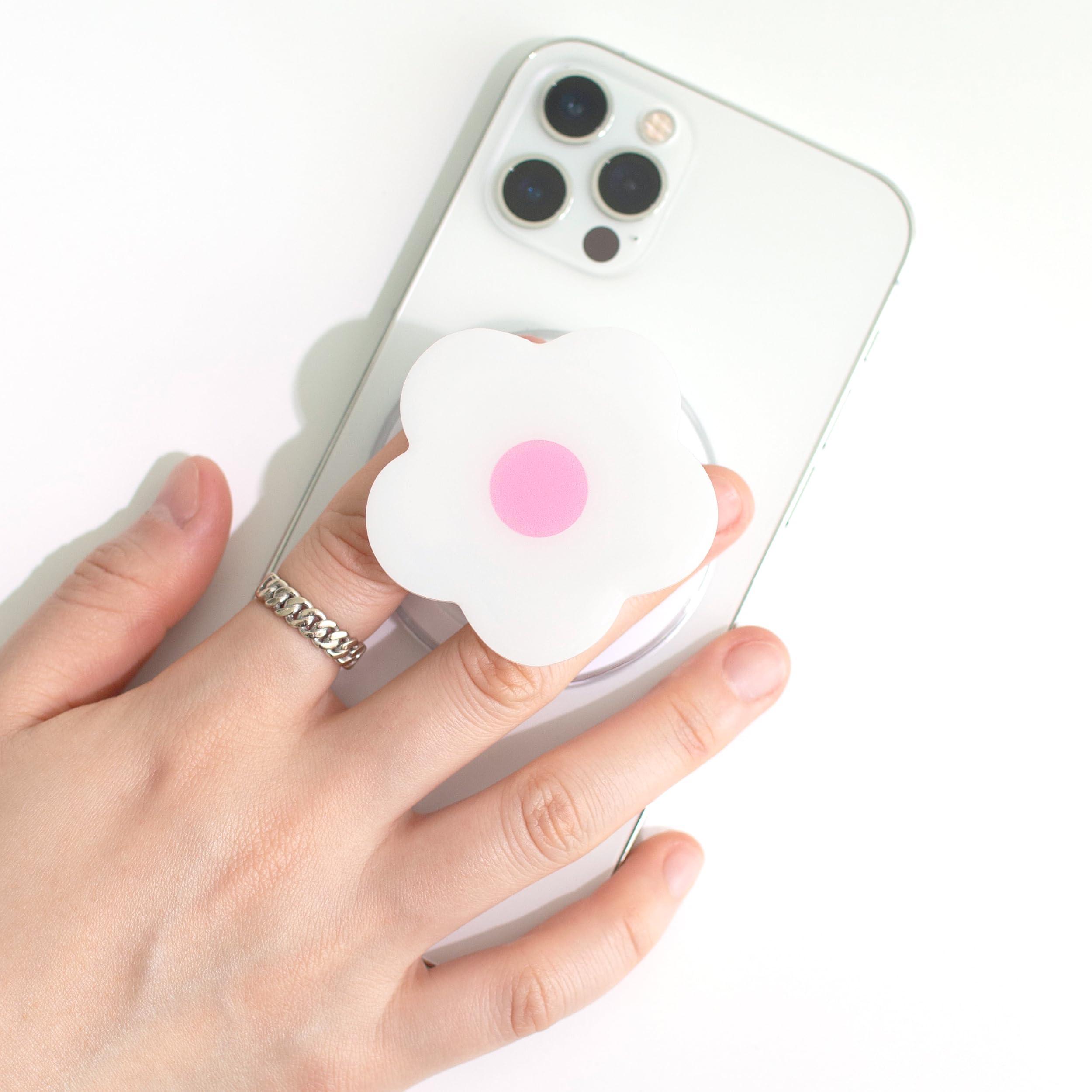 OnTheGrip Compatible with Magsafe Magnetic Authentic Solid Color Daisy Flower Design Collapsible Mobile Phone Grip Stand Holder for Smartphone Tablet Cell Phone Accessory (Magsafe Type, White Pink) - Image 2