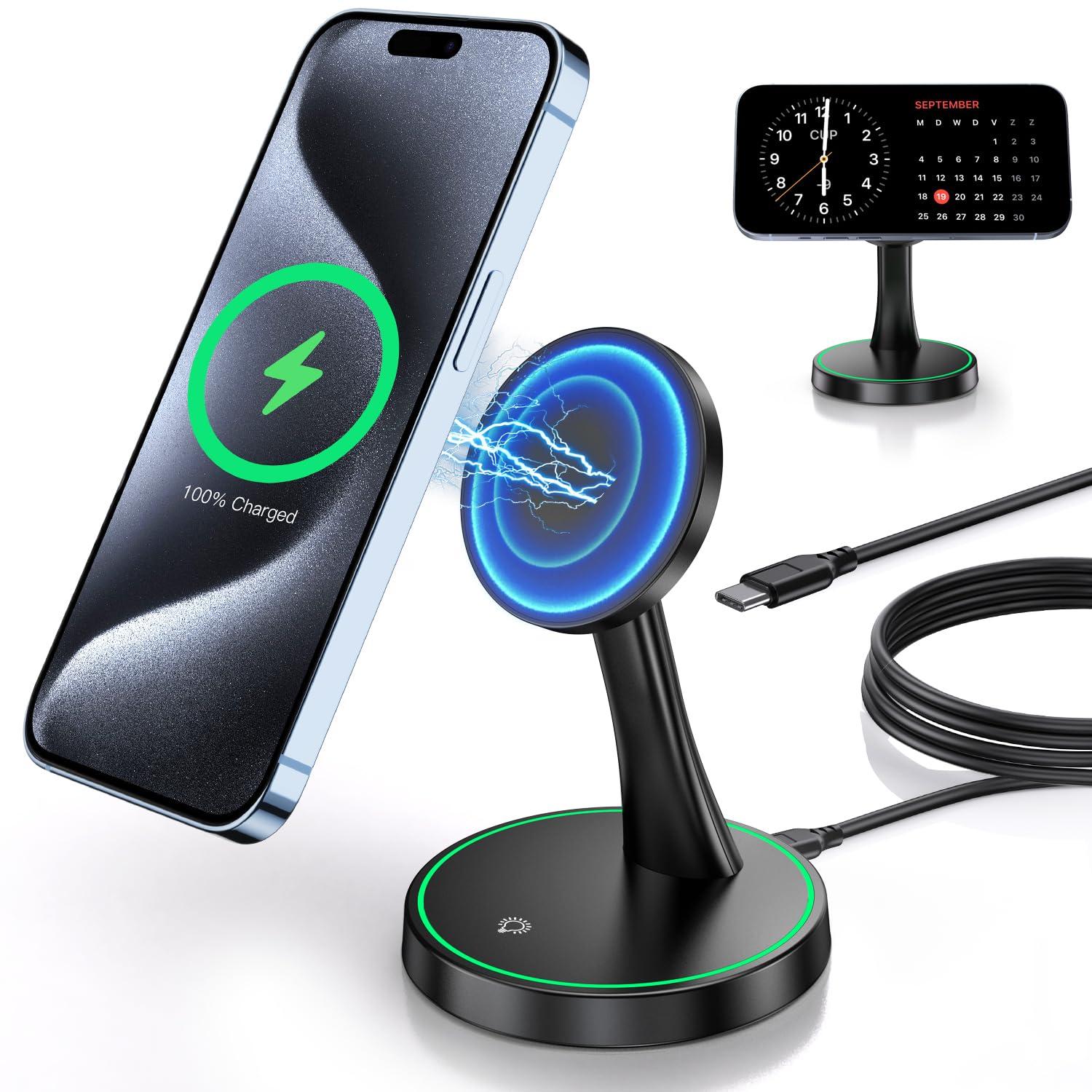 Magnetic Wireless Charger Stand 15W Fast Mag-Safe Charger for iPhone 16/16 Pro/16 Plus/16 Pro Max/15/14/13/12 Series Magnet Wireless Charging Station/Pad with Sleep-Friendly Light for AirPods