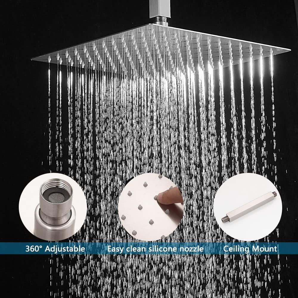 JingGang 12 Inch Ceiling Mount Brushed Nickel Shower System Bathroom Luxury Rain Mixer Shower Combo Set Ceiling Rainfall Shower Head System (Contain Shower Faucet Rough-in Valve Body and Trim) - Image 4