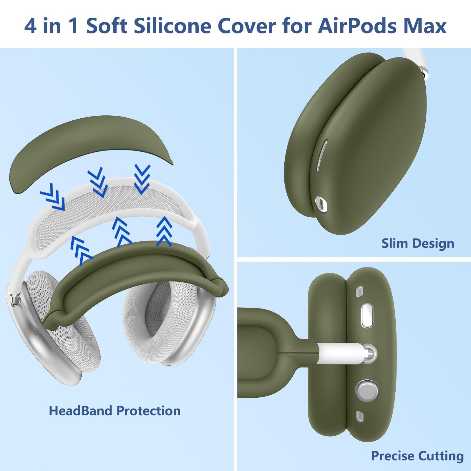 [4 in 1]Silicone Case Cover for AirPods Max USB-C (2024),Anti-Scratch Sweat-Proof Ear Pad Case Cover/Ear Cups Cover/Headband Cover Accessories Silicone Protector for AirPods Max Headphones(Army Green) - Image 5