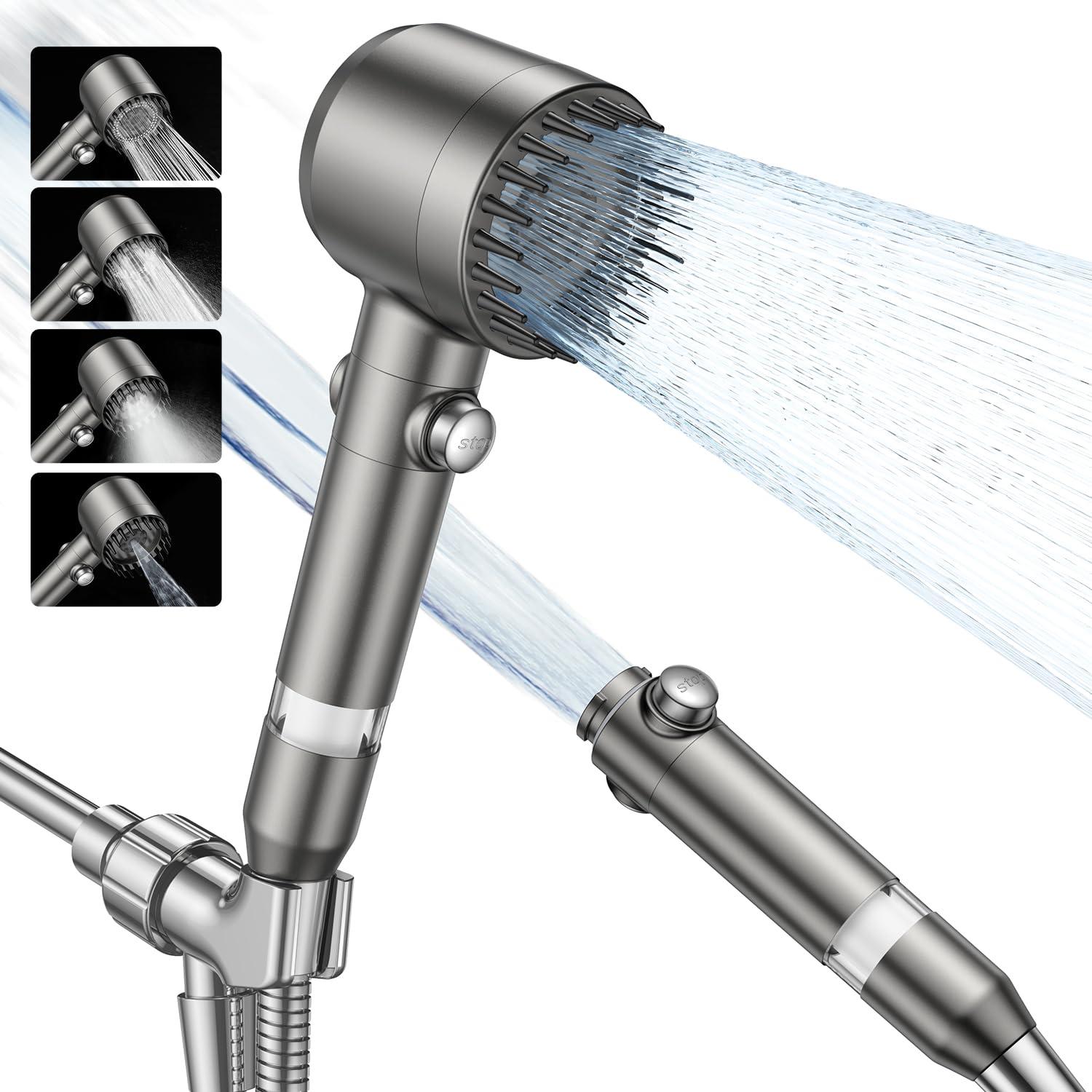 JOMST Filtered Shower Head with Handheld,High Pressure Shower Head 4 Spray Modes,ShowerHead with ON/OFF Switch for Pets,Built-in Power Wash to Clean Tub,Shower Heads Combo with Stainless Steel Hose