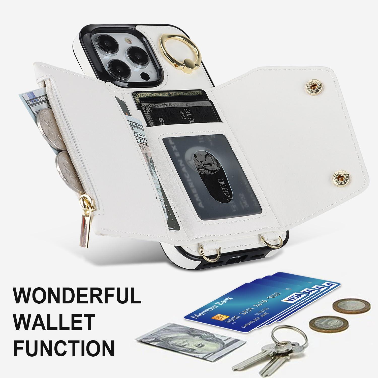 LUVI Compatible with iPhone 16 Pro Wallet Case with Card Holder Crossbody Neck Strap Lanyard Wrist Strap Purse for Women PU Leather Flip with Credit Card Kickstands Stand Cover White - Image 5