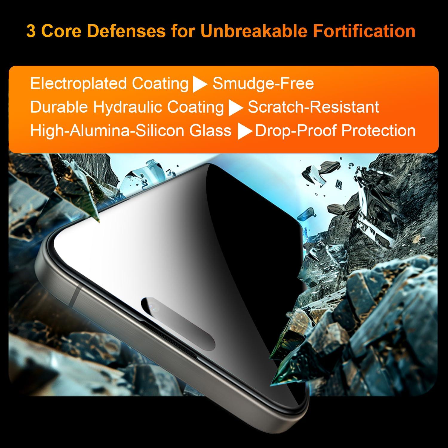 OneFish 2 Pack Privacy Screen Protector for iPhone 15 Pro Max - 4-Way 360° Anti-Spy Tempered Glass, 9H Hardness, 3D Curved Edges, Case-Friendly & Easy Installation - Image 7