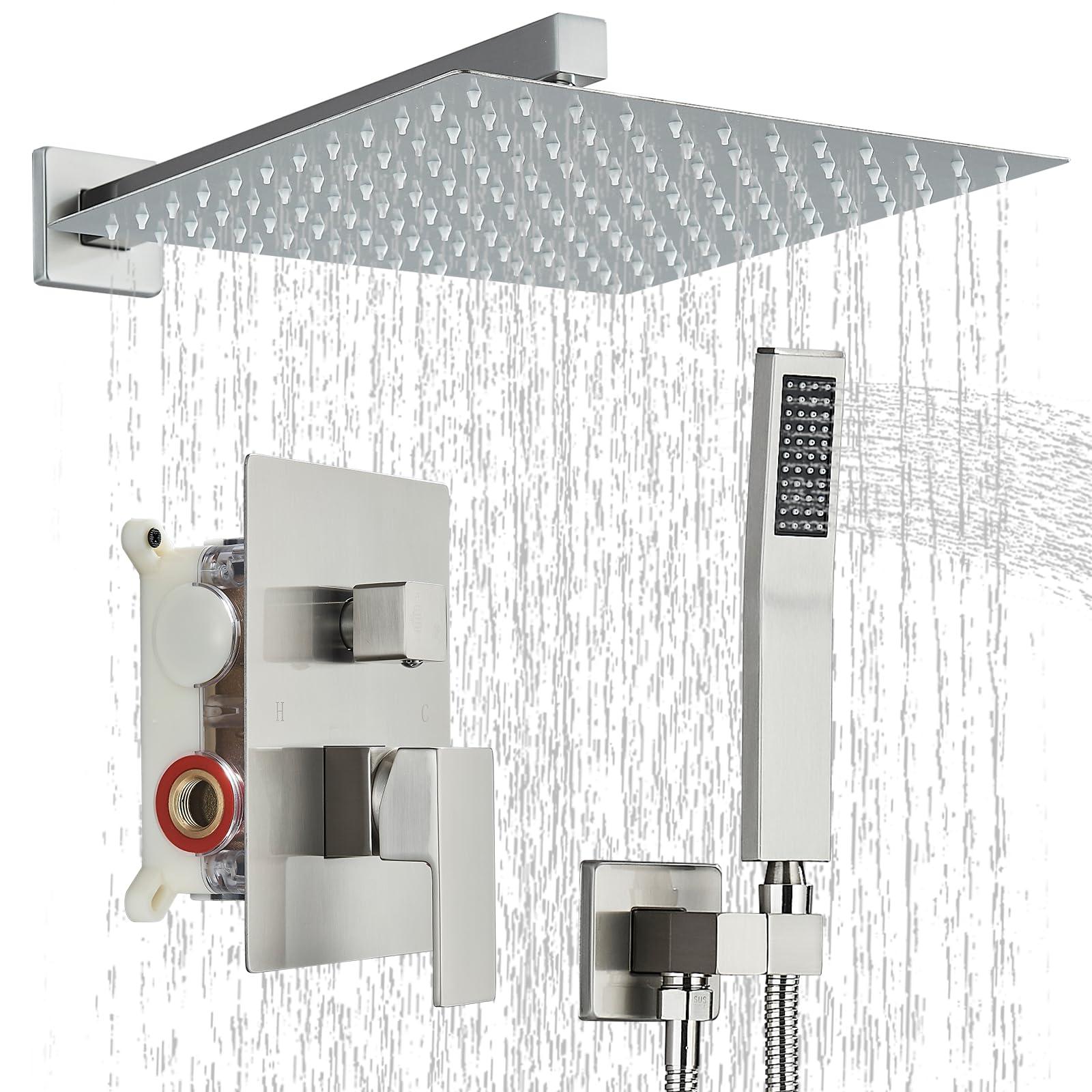 Ackwave Shower Faucet Set Brushed Nickel Shower System with 12 Inches Rain Shower Head and Handheld Sprayer Wall Mounted Shower Fixture Set with Brass Shower Valve