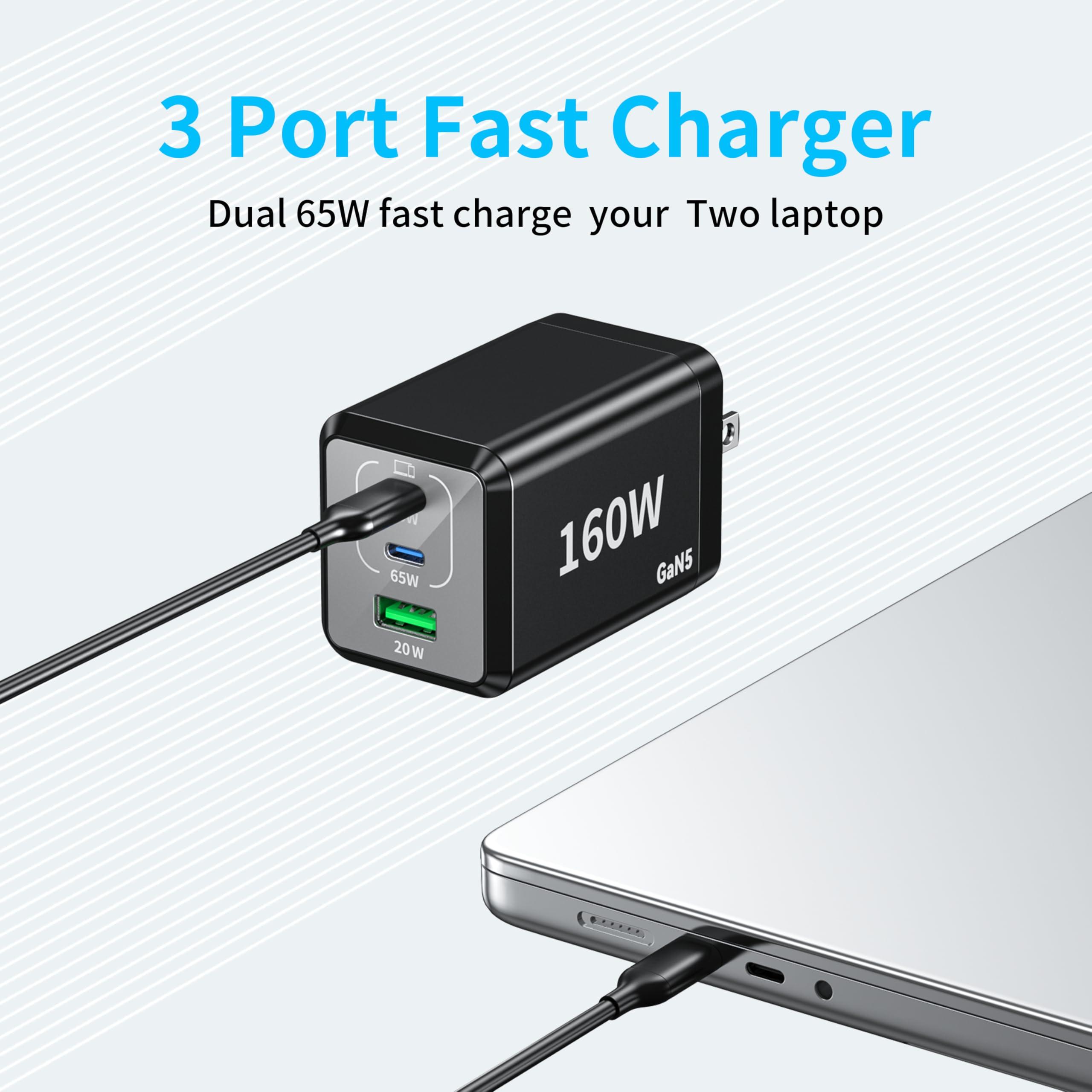 2 Pack USB C Fast Charger 160W Compact Foldable 3 Port Charging Station Hub Brick Block PD PPS 65W Laptop Charger for iPhone 16 16Pro Max MacBook Pro/Air/iPad Pro/Galaxy S24/Note 22/Dell XPS - Image 6