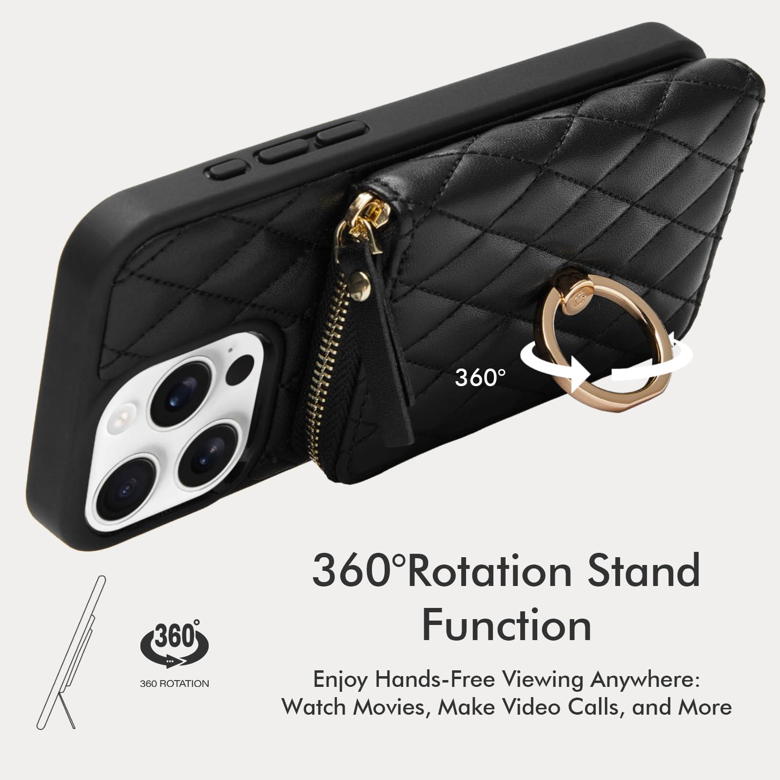 ZVE for iPhone 16 Pro Max Wallet Case for Women, Crossbody Case with Wrist Strap Protective Leather Lanyard with Ring Holder Flip Cover 6.9 Inch - Black - Image 5