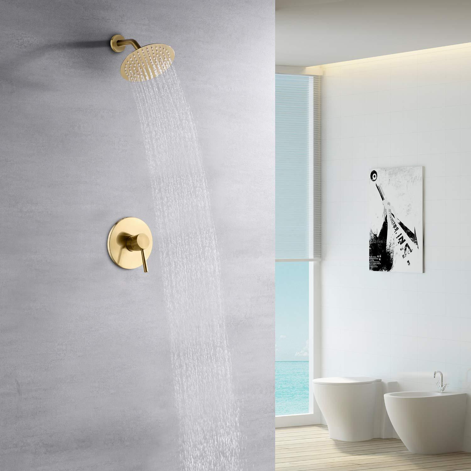 sumerain Brushed Gold Shower Faucet Set with 8 Inches Stainless Steel Rain Shower Head, Solid Brass Rough In Valve - Image 2