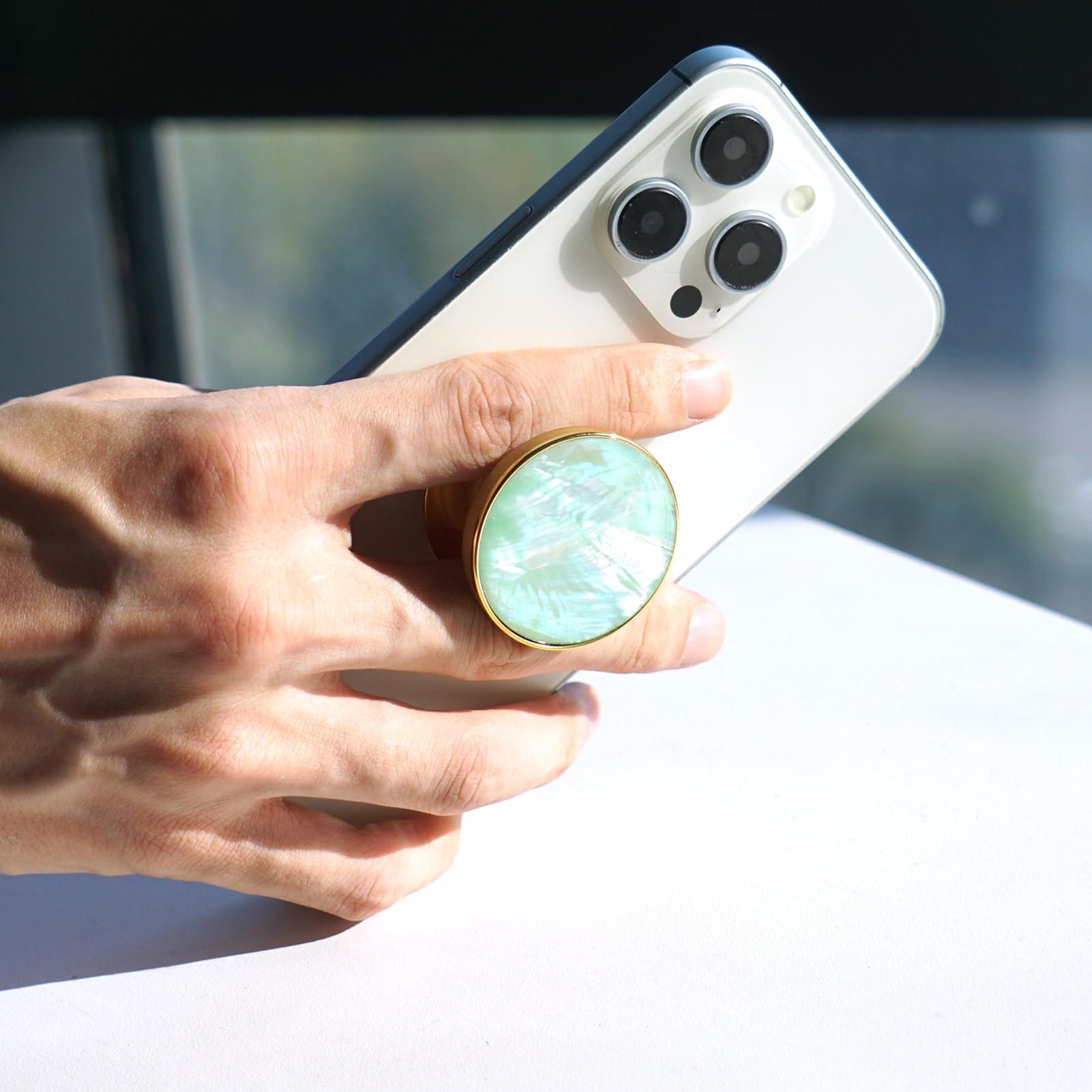 Cute Natural Abalone Shell Round Design Foldable Phone Handle, Phone Accessory for Smartphones or Tablets (Adhesive, Green Abalone Shell) - Image 2
