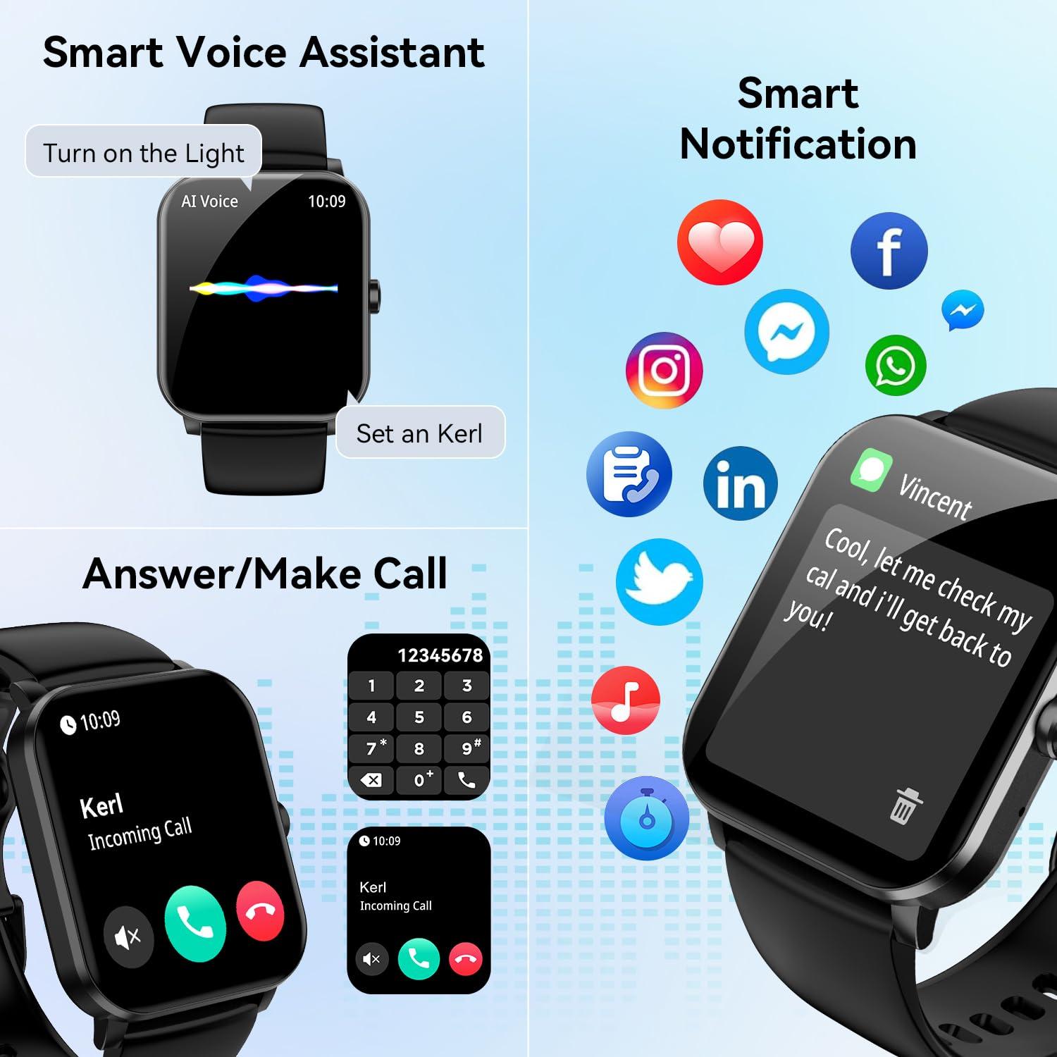 Smart Watch, 1.85" Smartwatch for Men Women (Answer/Make Call), Heart Rate, Sleep Monitor, Pedometer, 120+ Sport Modes Activity Tracker, IP68 Waterproof Fitness Watch for Android iOS (Black) - Image 2