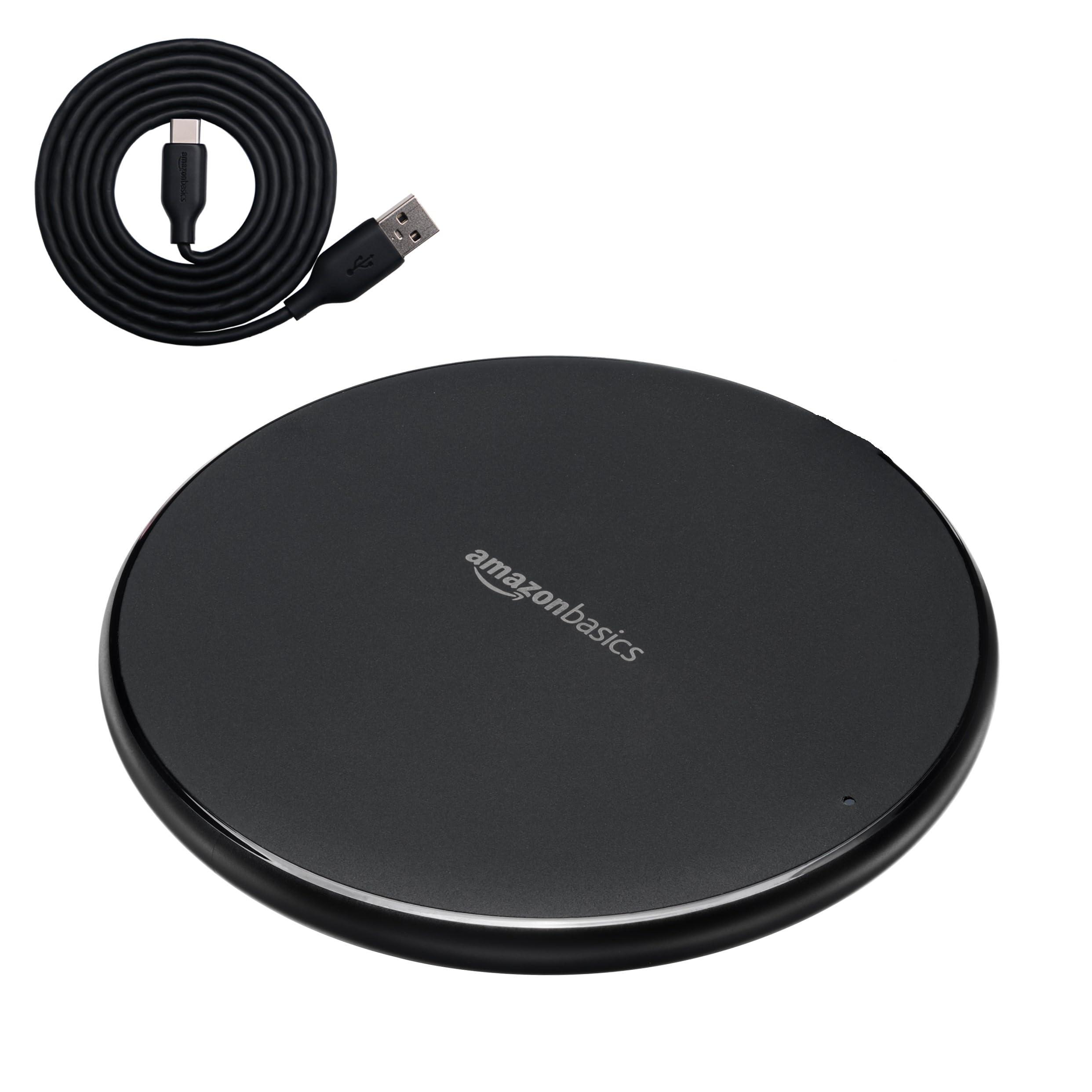 Amazon Basics 15W Qi Certified Wireless Charging Pad for iPhone 16/15/14/13/12/11/X, Samsung and More, with USB Cable, Black