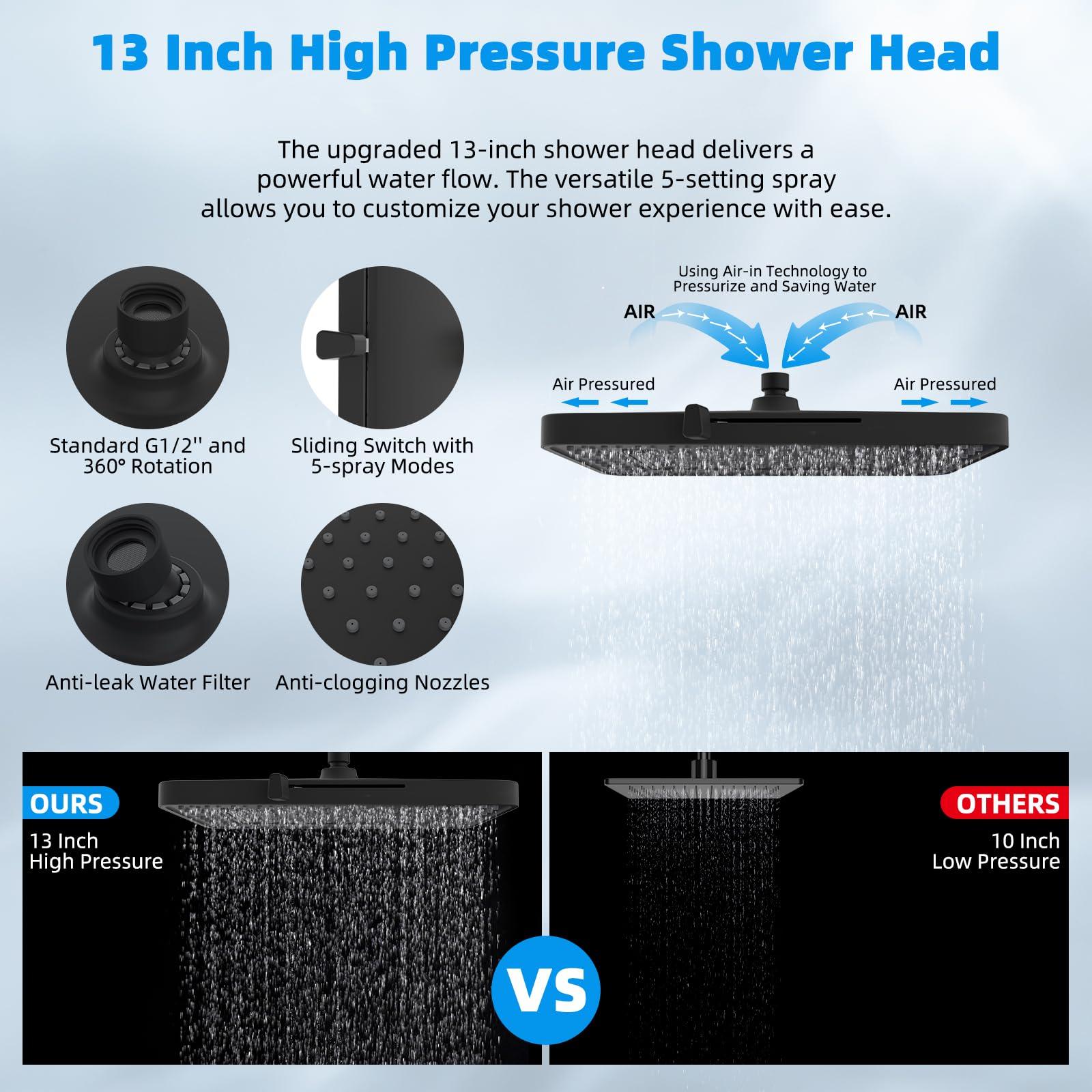 Hibbent Upgraded 5-spray 13'' Shower Head, High Pressure Rainfall Shower Head, Dual Showerhead Combo with 10-mode Handheld Spray, 12'' Adjustable Extension Arm, 71'' Hose, Shower Holder, Matte Black - Image 7