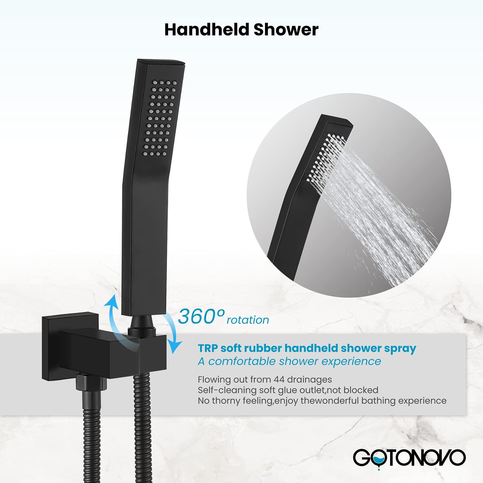 gotonovo Matte Black Shower Faucet Wall Mount Triple Function Bathroom Shower System with Tub Spout High Pressure Square 12 inch Rain Showerhead Hand Shower Rough-In Valve and Trim Included - Image 4