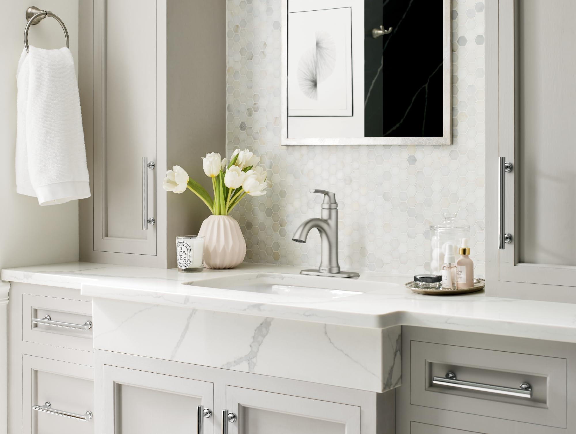 Moen 84980SRN Wellton Single-Handle Bathroom Faucet, One Hole Bathroom Sink Faucet with Optional Deck Plate and Drain Assembly, Spot Resist Brushed Nickel - Image 2
