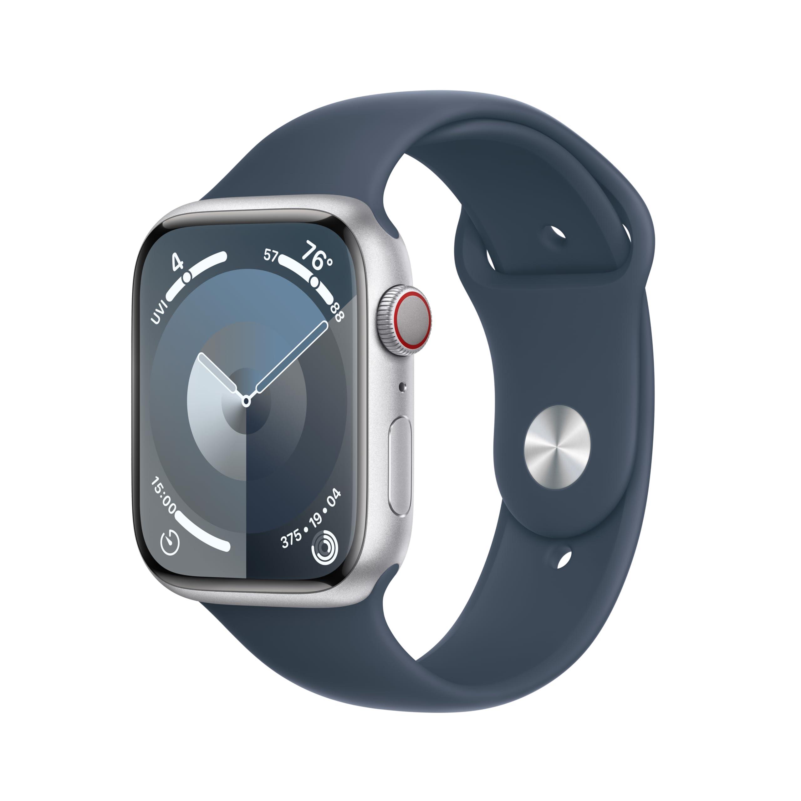 Apple Watch Series 9 [GPS + Cellular, 45mm] - Aluminum Silver Case with Storm Blue Sport Band, M/L