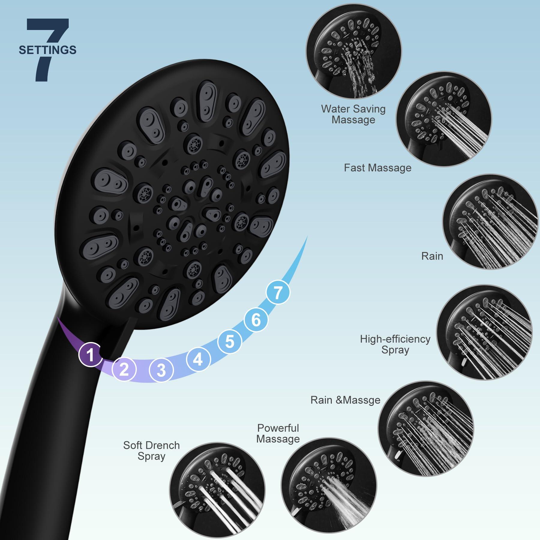 Hibbent All Metal High Pressure Rainfall 10 Inch Shower Head/Handheld Showerhead Combo/ 12 Inch Adjustable Curved Shower Extension Arm, 7-Spray, 71-inch Hose, Adhesive Showerhead Holder, Matte Black - Image 7